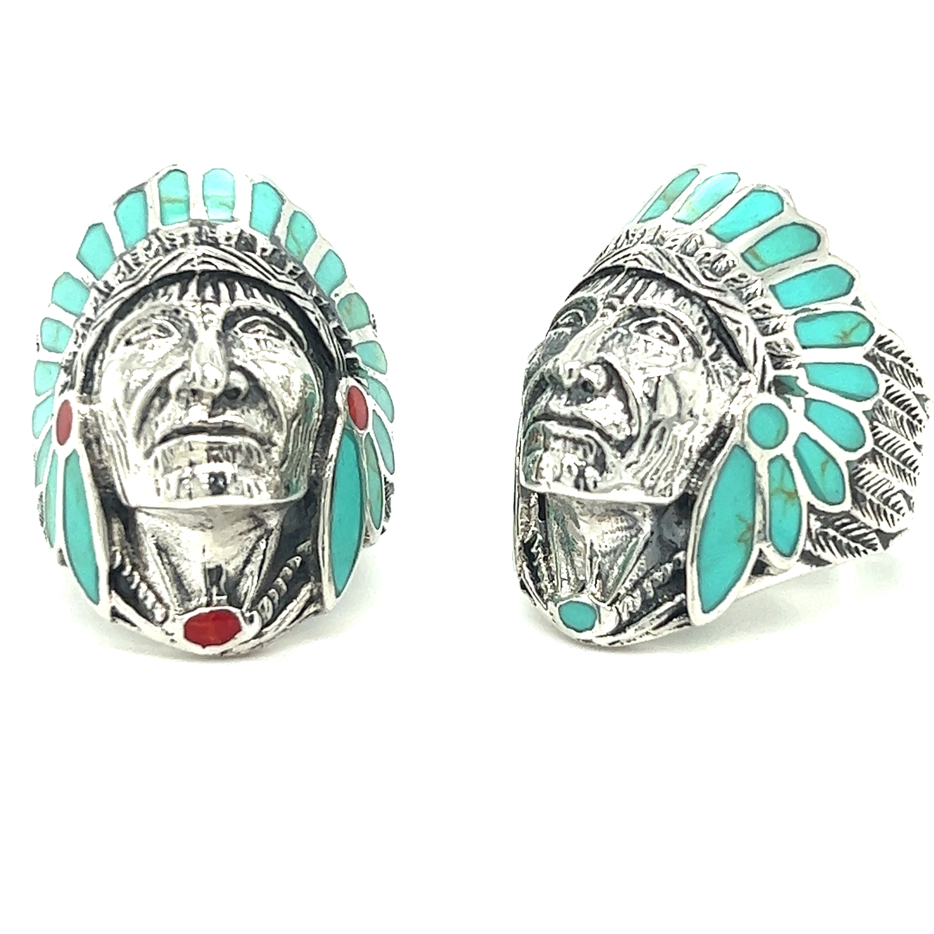 A Stately Chief Head Ring With Inlay Stones with turquoise stone and silver.