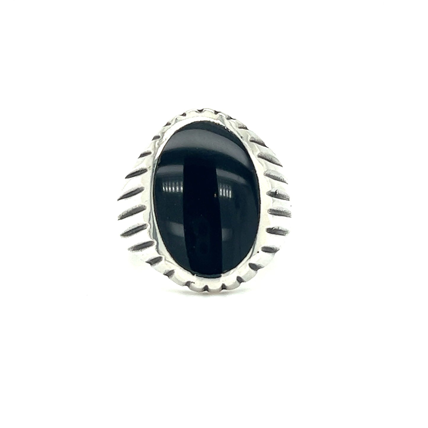 A minimalist silver Oval Onyx Ring With Fine Oxidized Scale Pattern for men, adorned with a black onyx stone.
