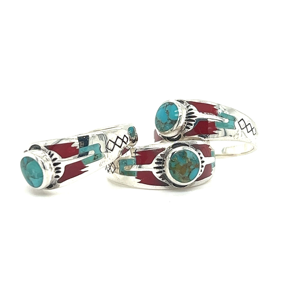 Three Super Silver Kingman Turquoise Composite Rings With Coral, featuring a southwest style sunburst design.
