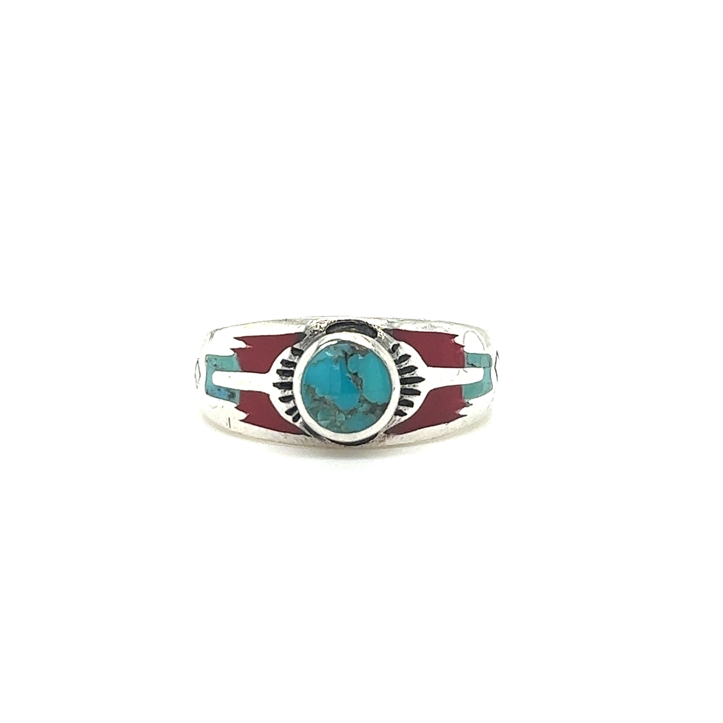A Super Silver Kingman Turquoise Composite Ring With Coral, featuring a sunburst design.
