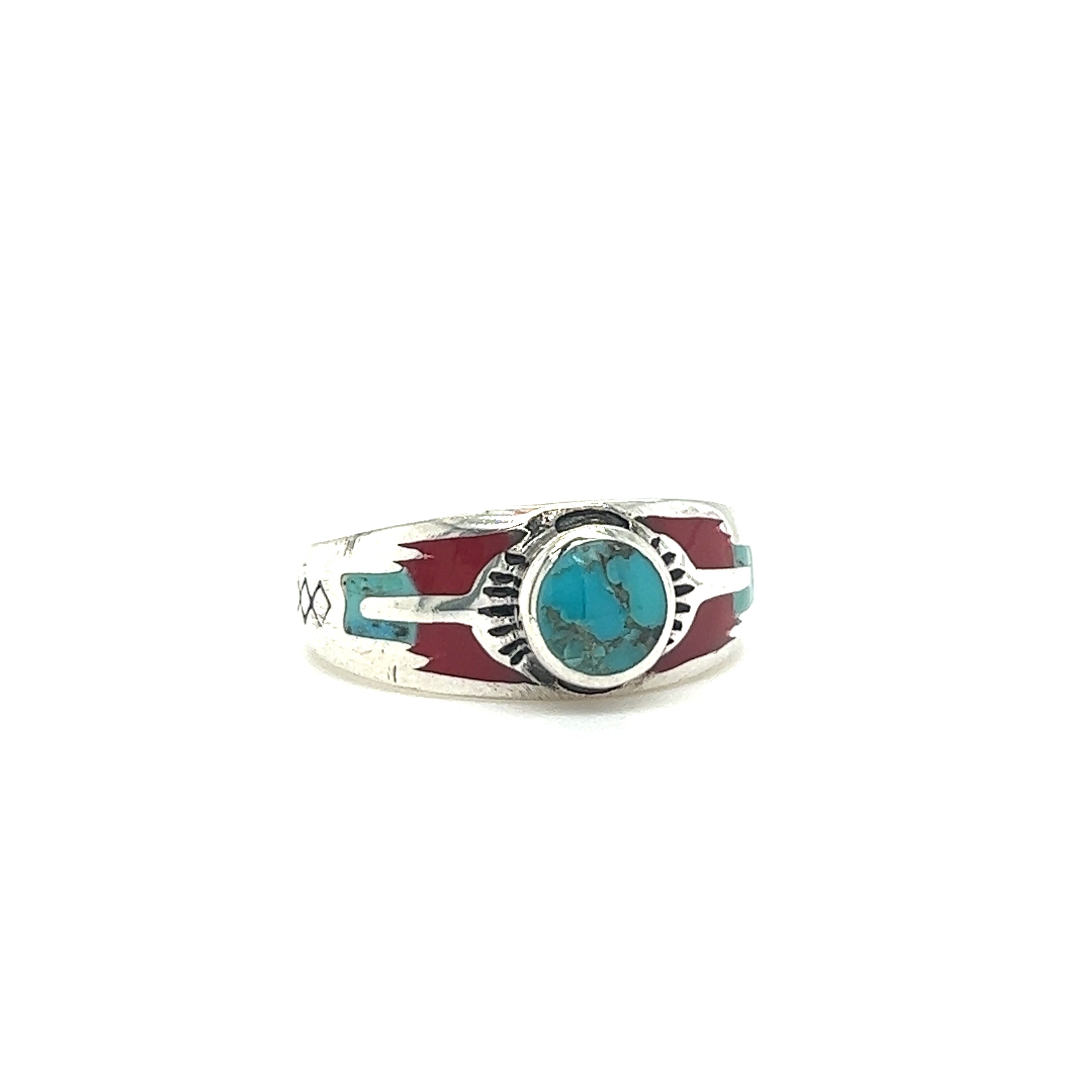 A Super Silver Kingman Turquoise Composite Ring With Coral featuring a sunburst design.