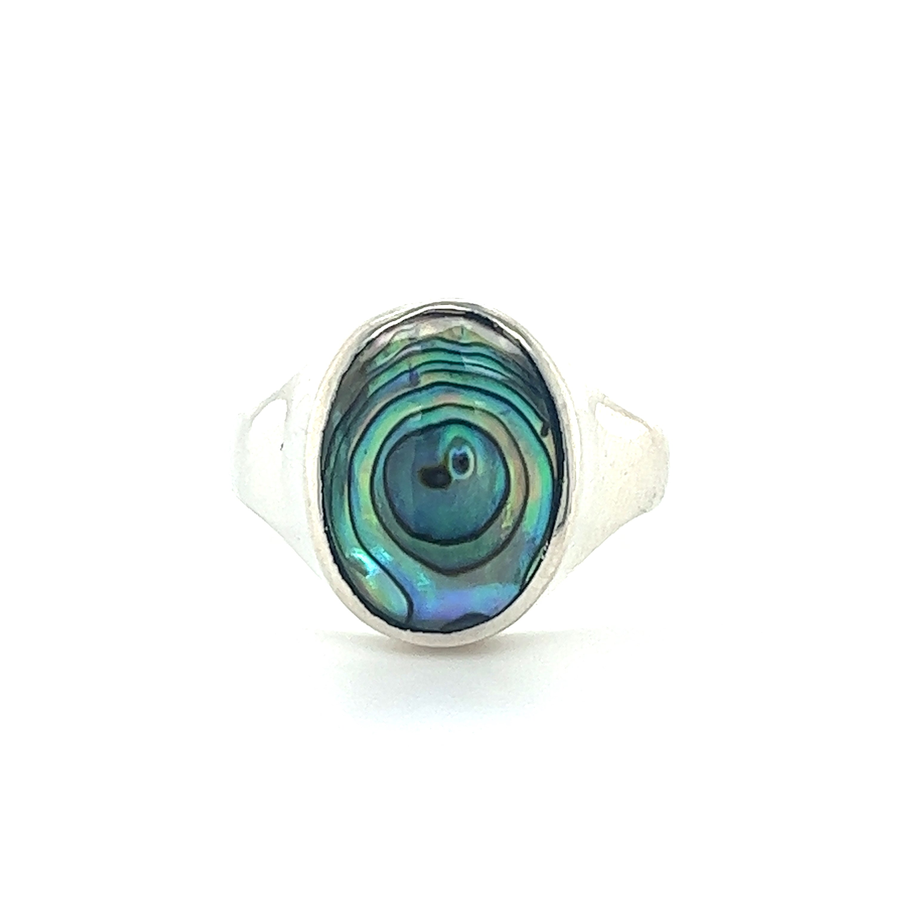 A Sleek Oval Inlaid Stone signet ring with an abalone stone on a white background.