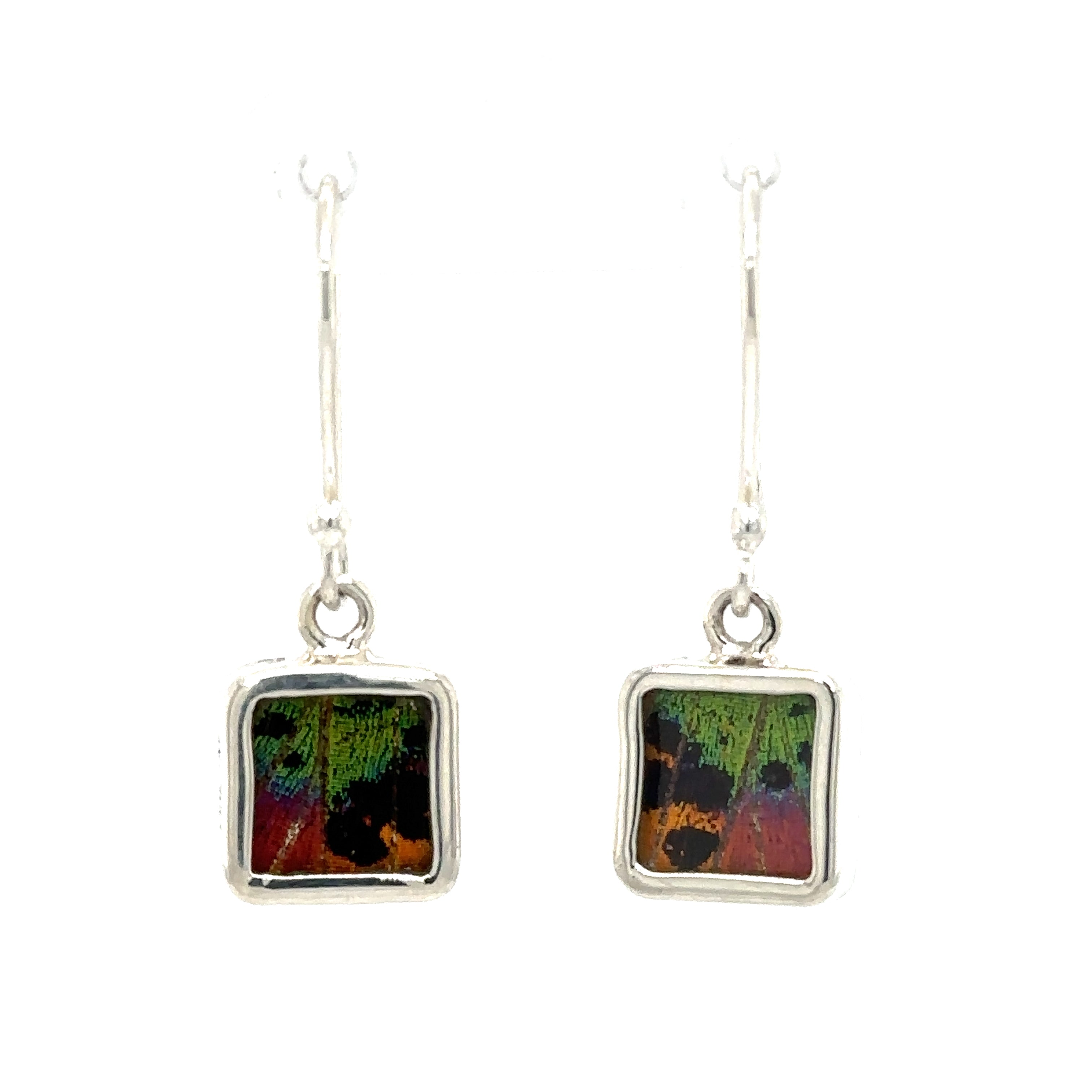 A pair of Small Butterfly Wing Earrings with a colorful flower on them.