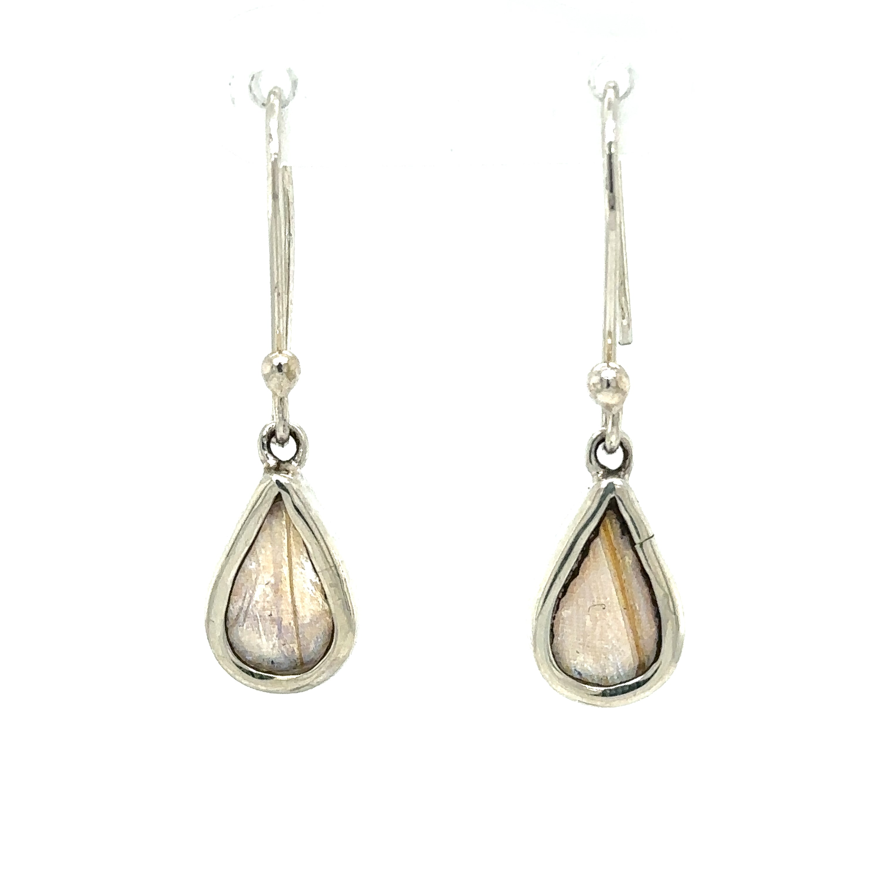 Description: A pair of Small Butterfly Wing Earrings with a tear-shaped labradorite stone.