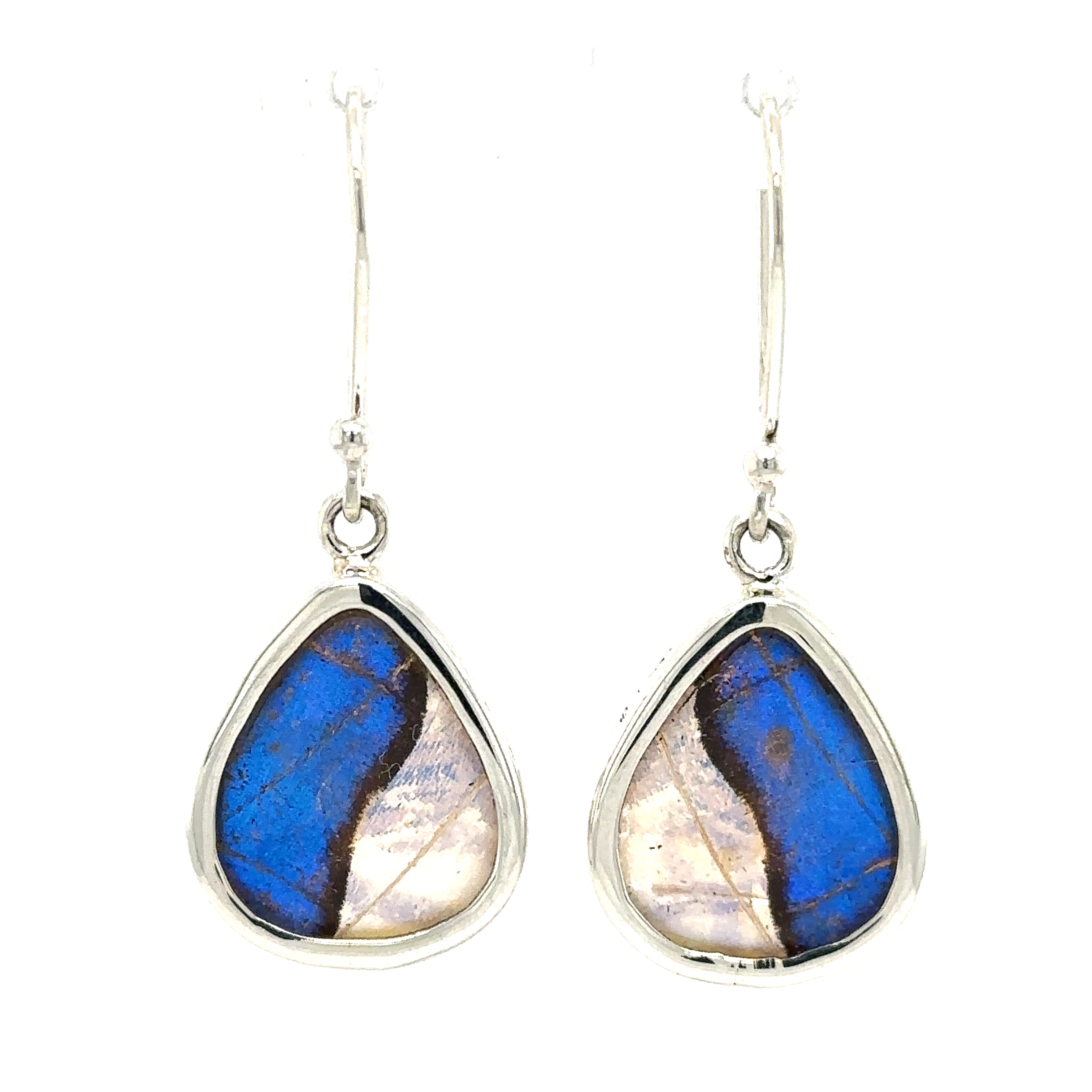 A boho pair of Genuine Butterfly Wing Teardrop Earrings with blue and white labradorite.