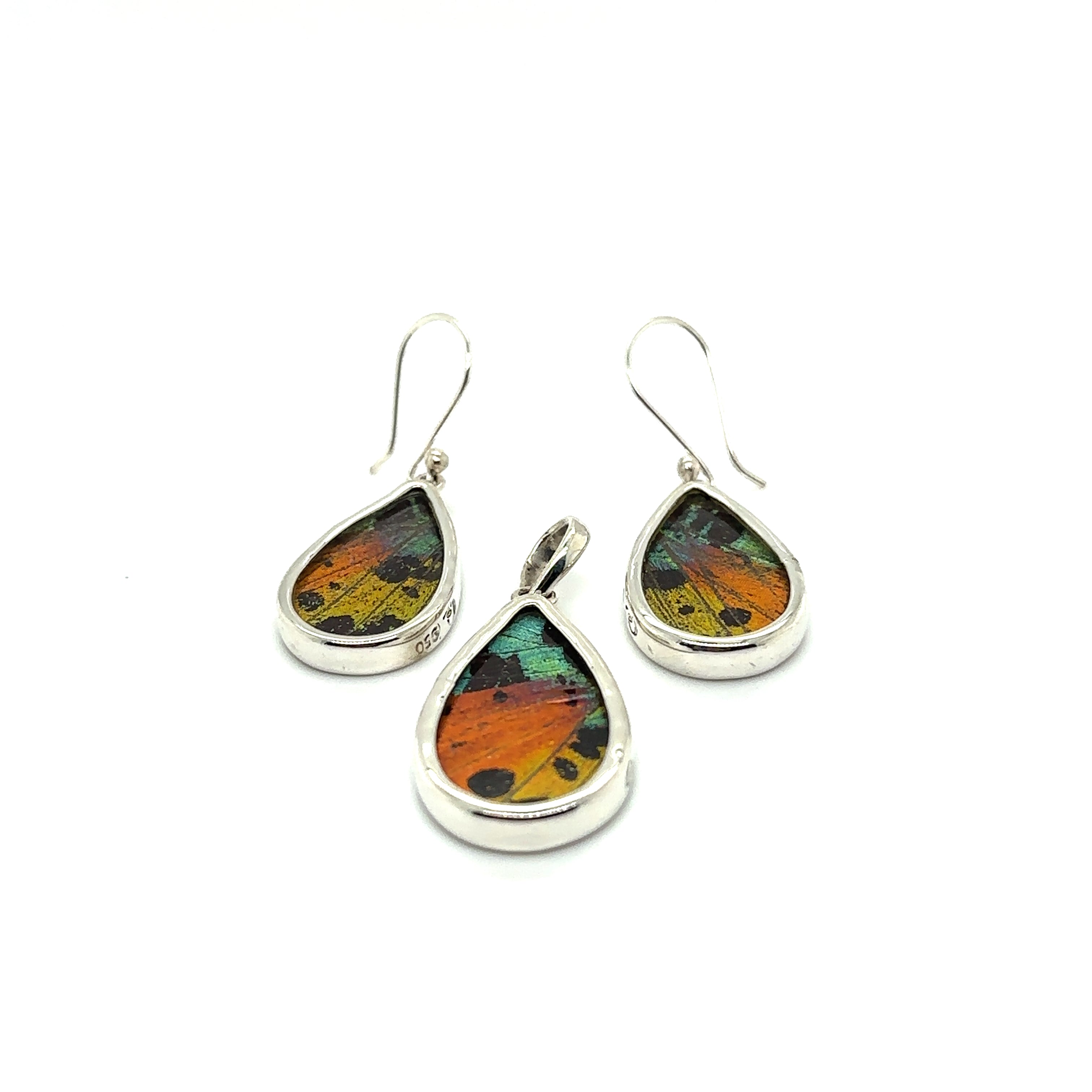 A Genuine Butterfly Pendant and Earring Teardrop Set made of colorful glass.