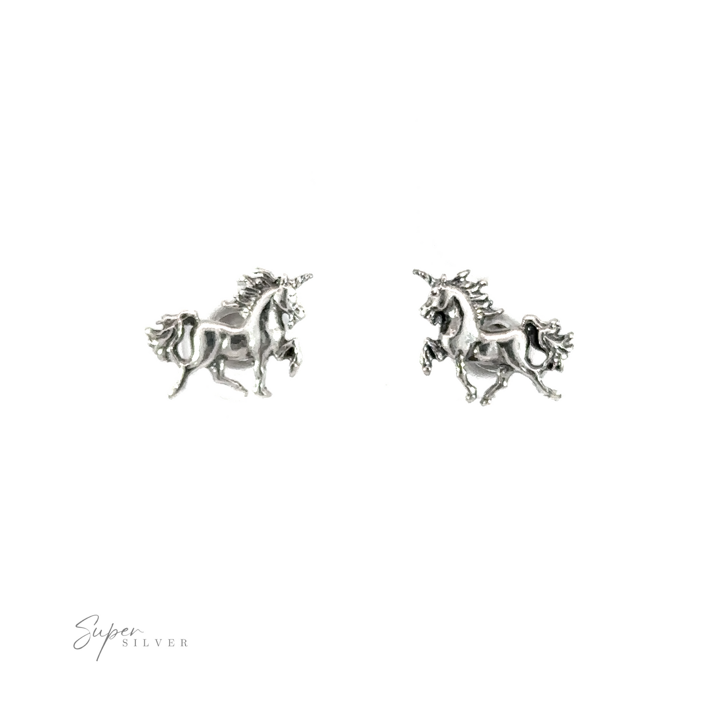 A pair of silver Unicorn Studs on a white background.