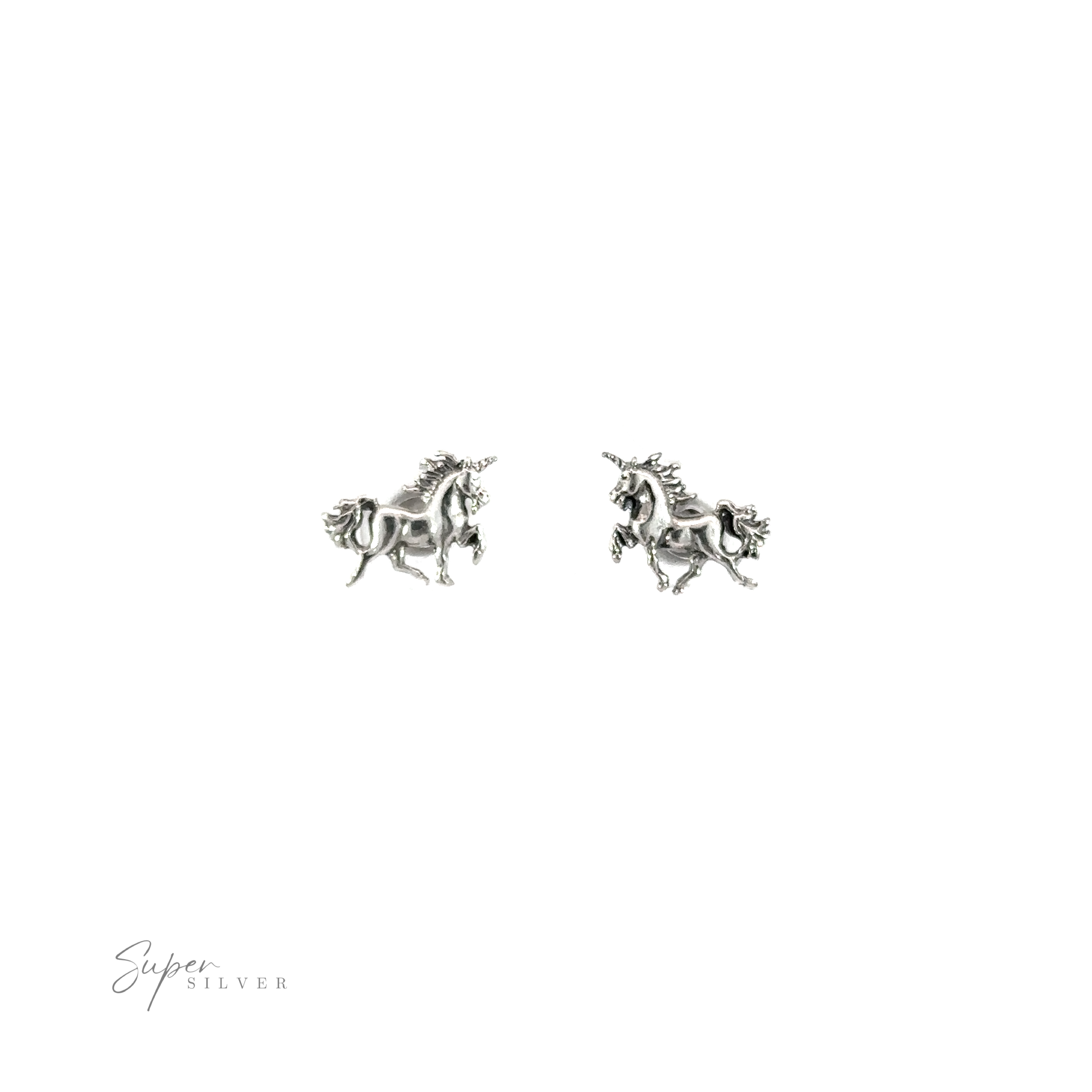 A pair of silver Unicorn Studs on a white background.