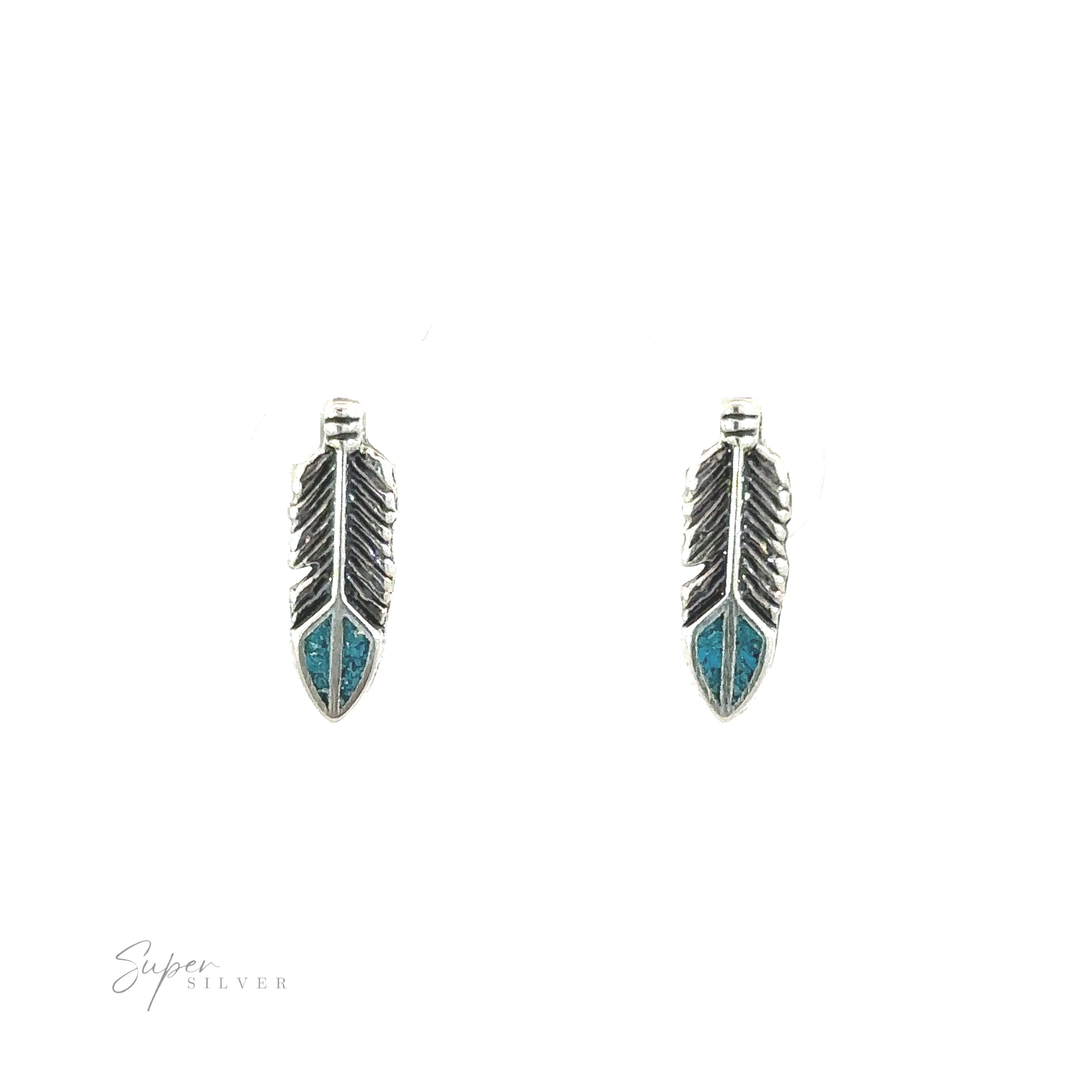 A pair of southwestern-inspired Feather Studs with Turquoise earrings on a white background.
