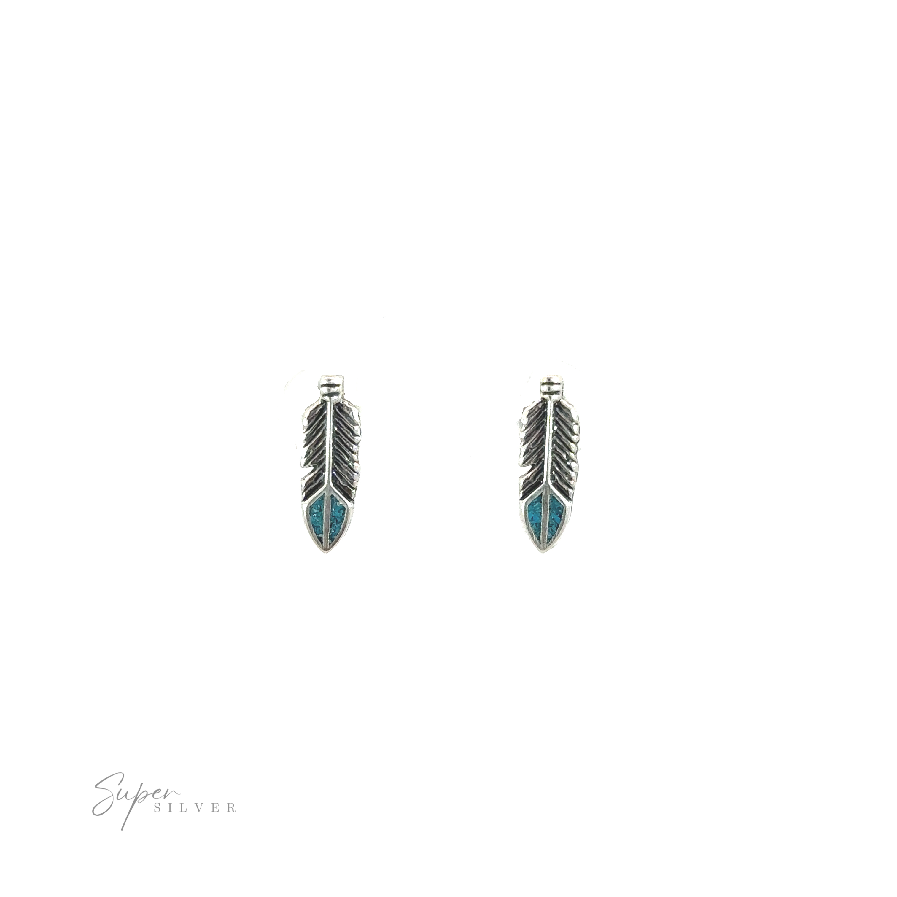 A pair of southwestern-inspired Feather Studs with Turquoise on a white background.