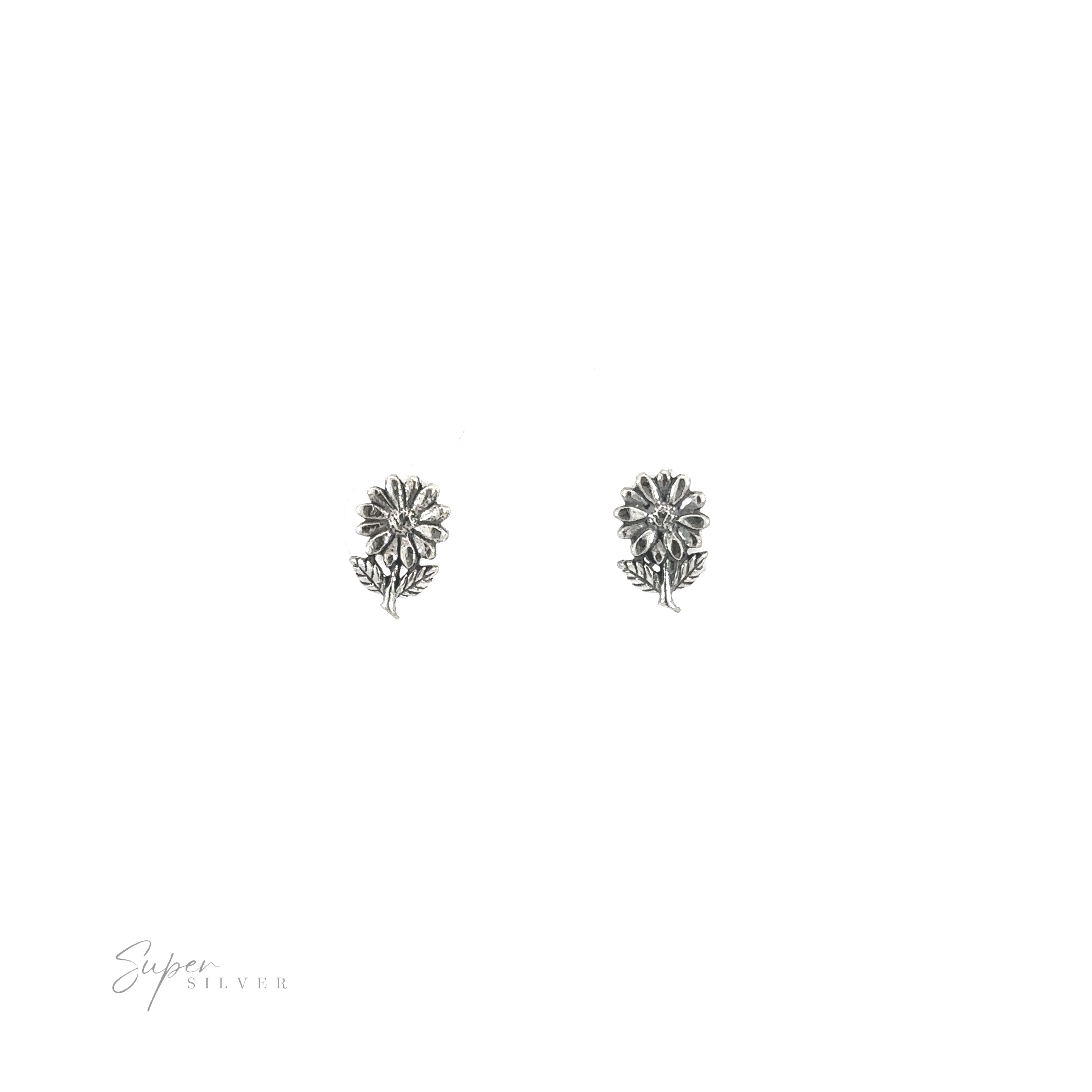 A pair of Daisy Studs, made of .925 Sterling Silver, on a white background.