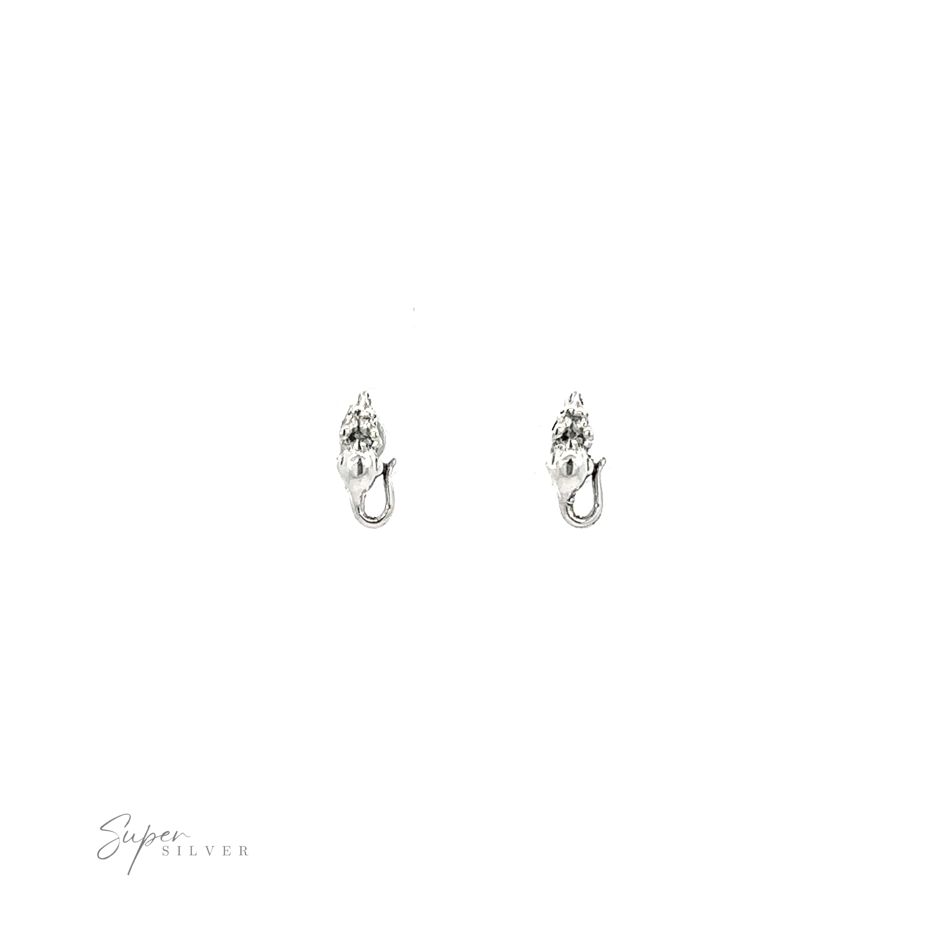 A pair of whimsical silver Mice Studs on a white background.