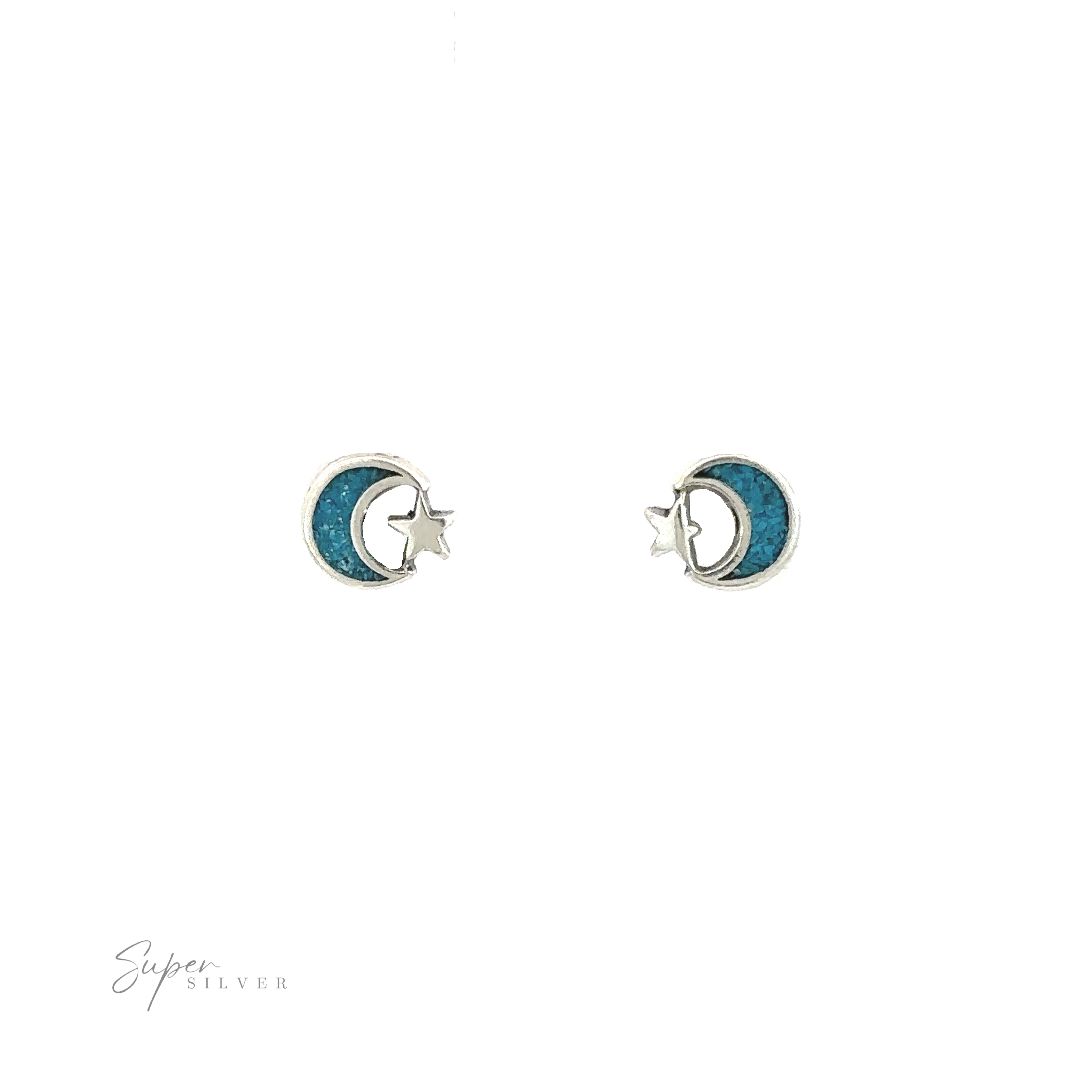 A pair of Moon and Star Turquoise Studs with a hint of blue and minimalist aesthetics.
