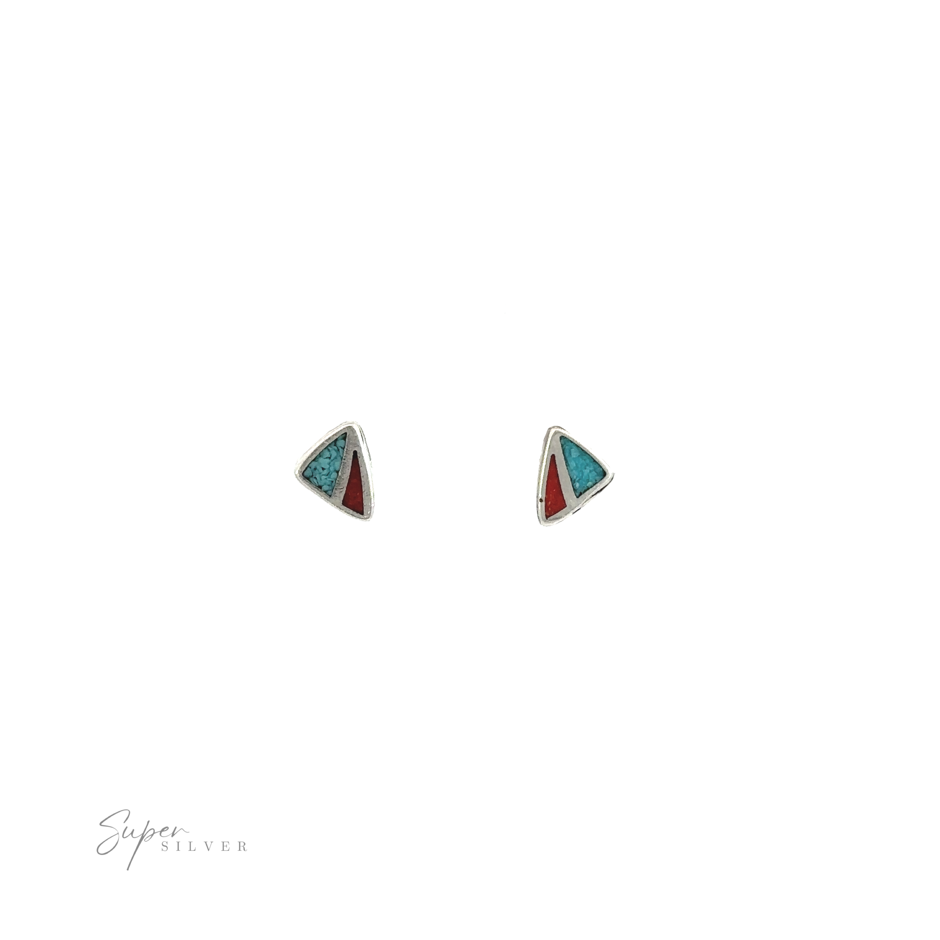 A pair of Coral and Turquoise Triangle Studs on a white background.