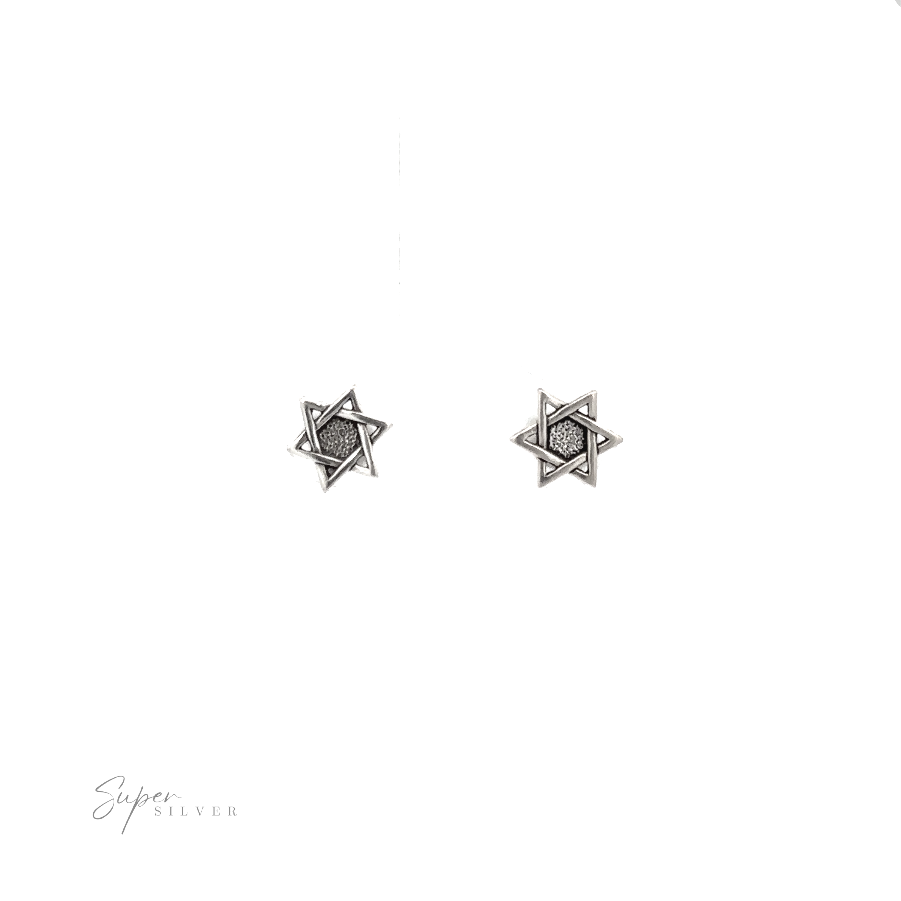 A pair of Star of David stud earrings on a white background.