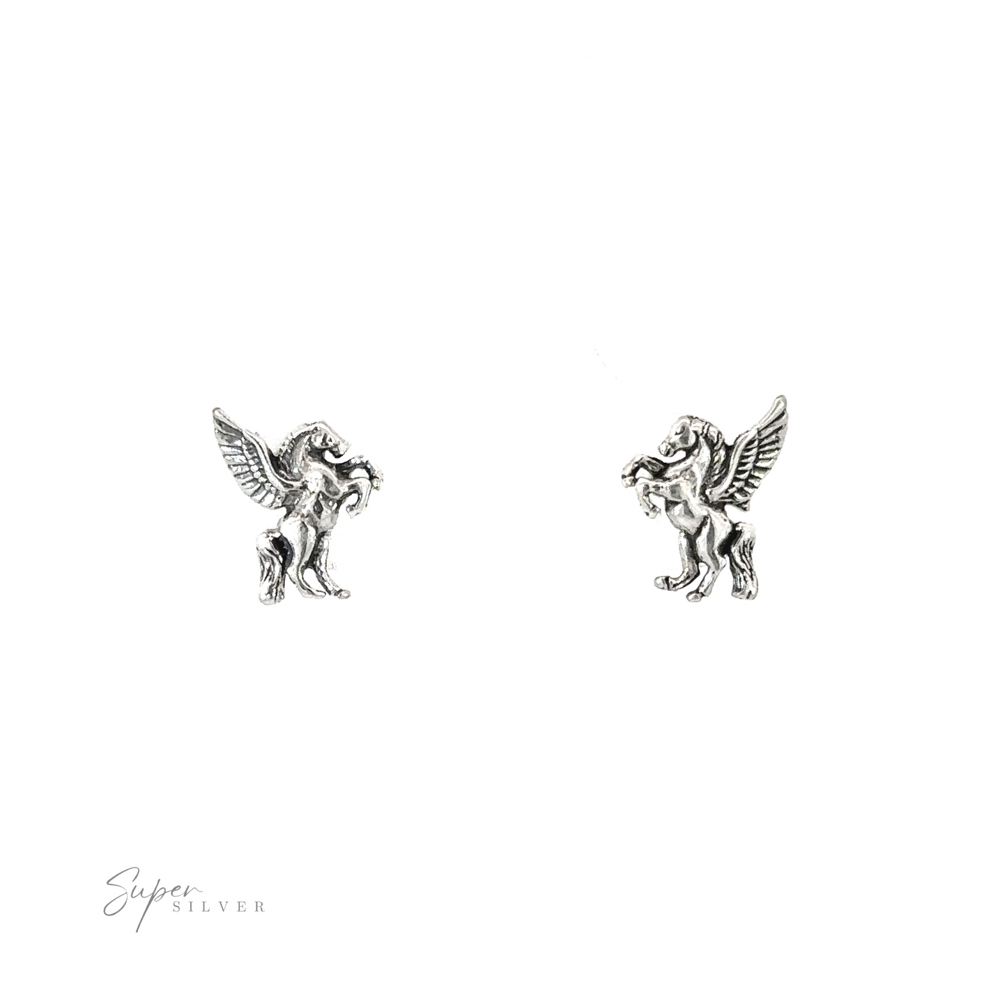 These sterling silver Pegasus studs feature angelic pegasus studs.
