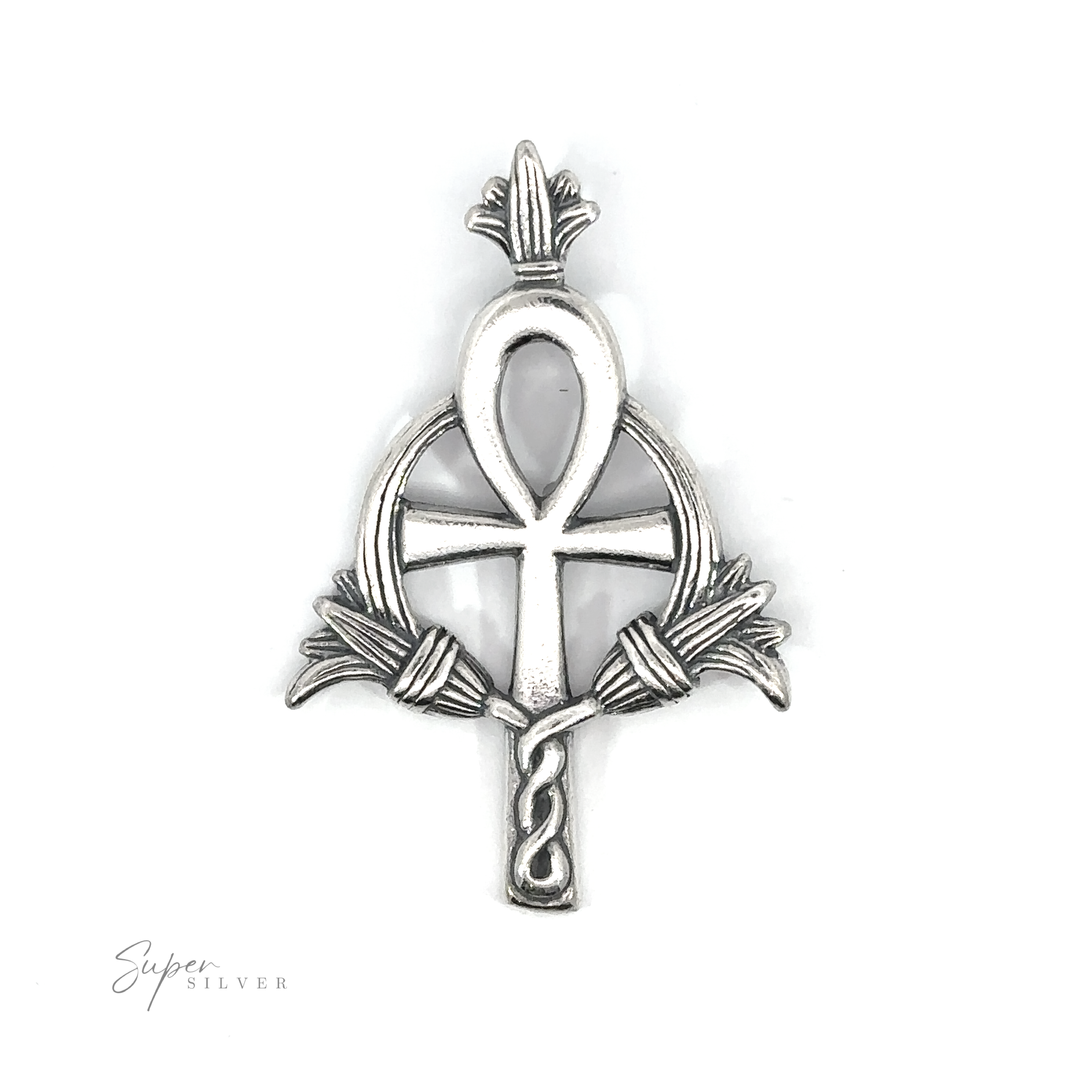 Embellished Ankh Pendant, symbolizing eternal life, in sterling silver.