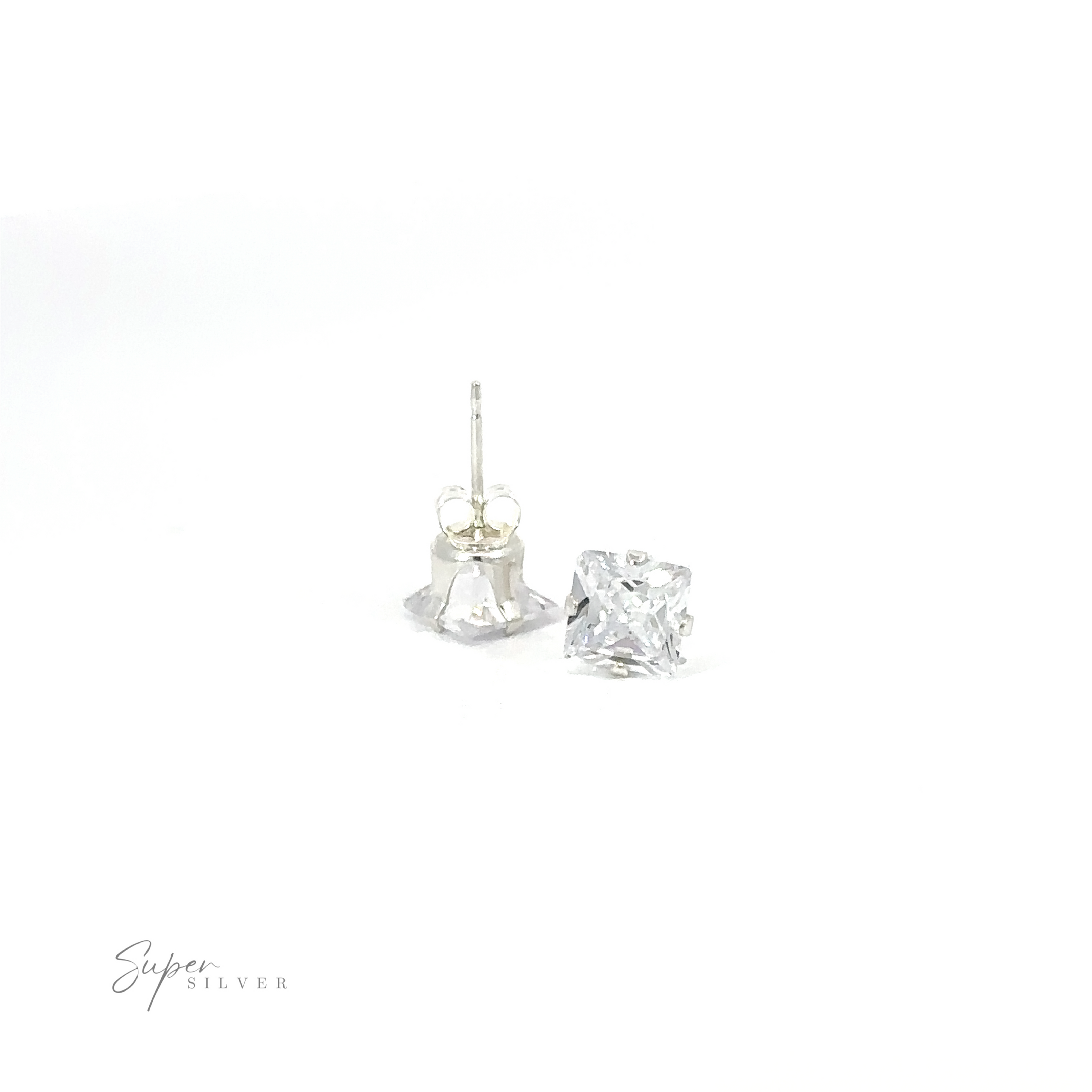 A pair of Square CZ Studs on a white background with the text "super silver" in cursive.