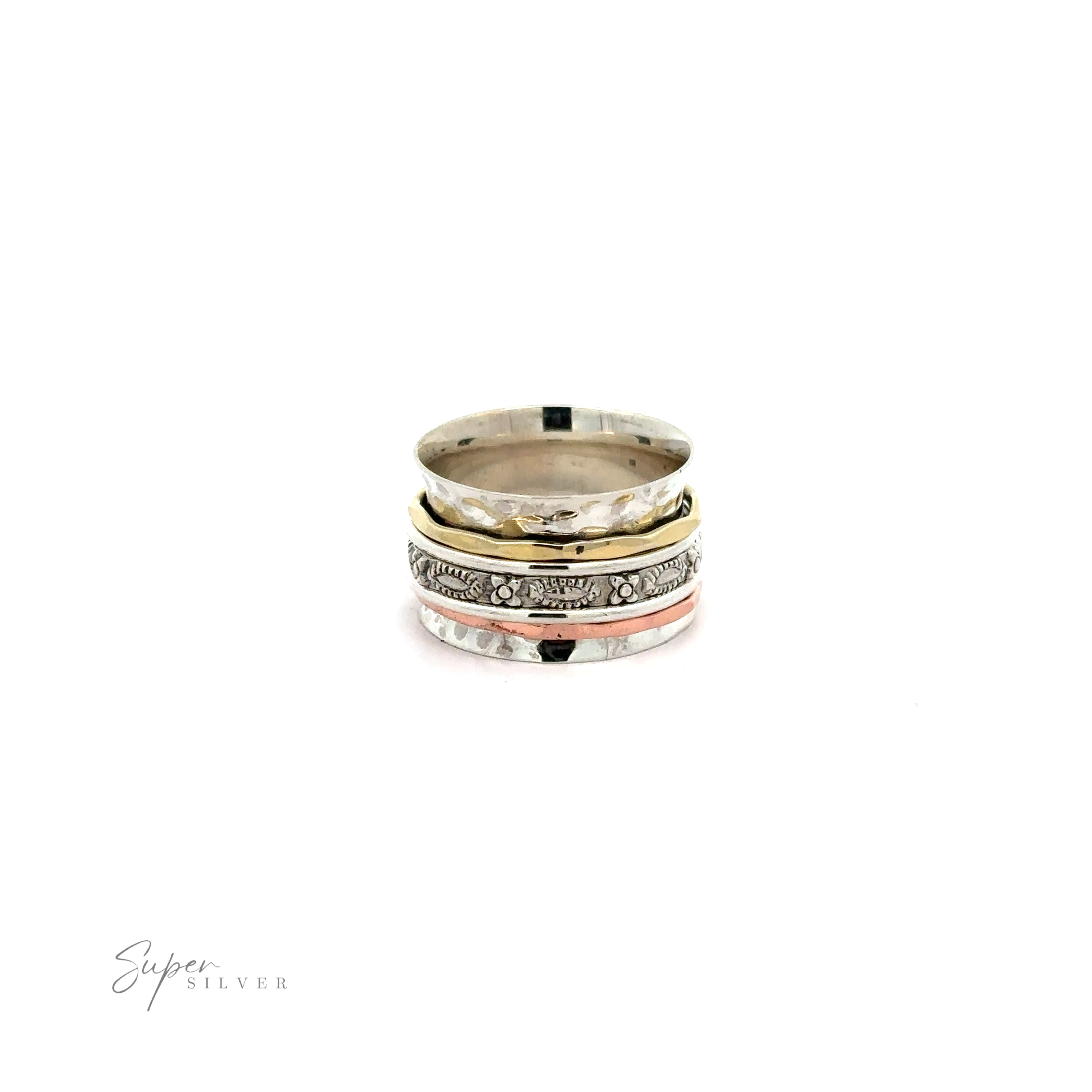A stack of Tricolor Handmade Spinner Rings with A Flower Pattern Bands on a white background.