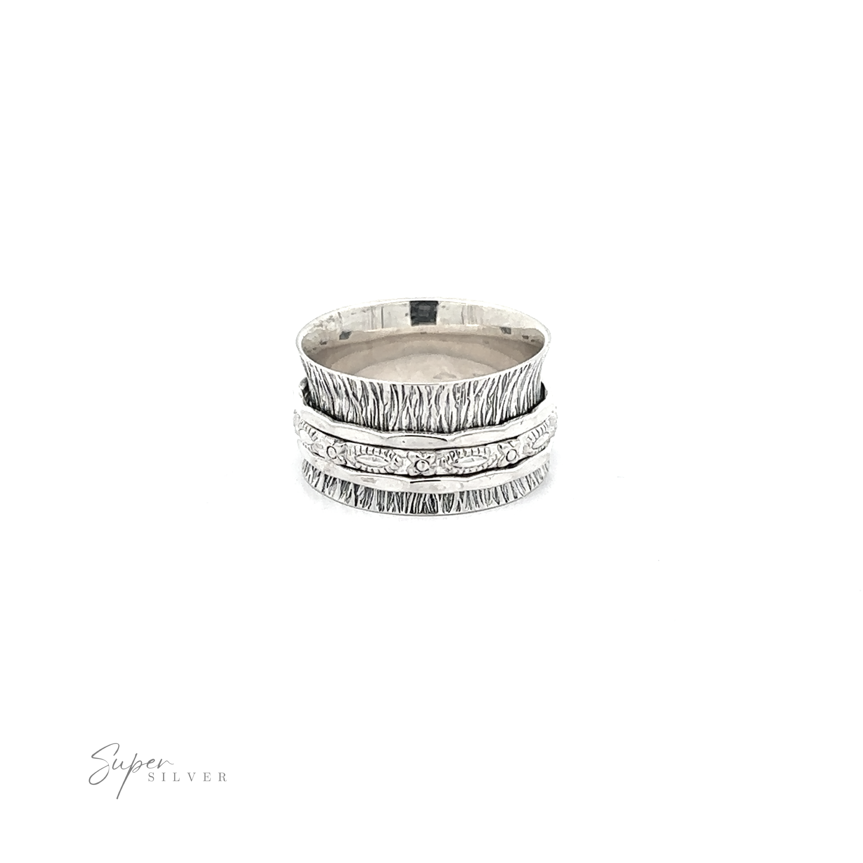 A Tree Bark Spinner ring with diamonds on it.