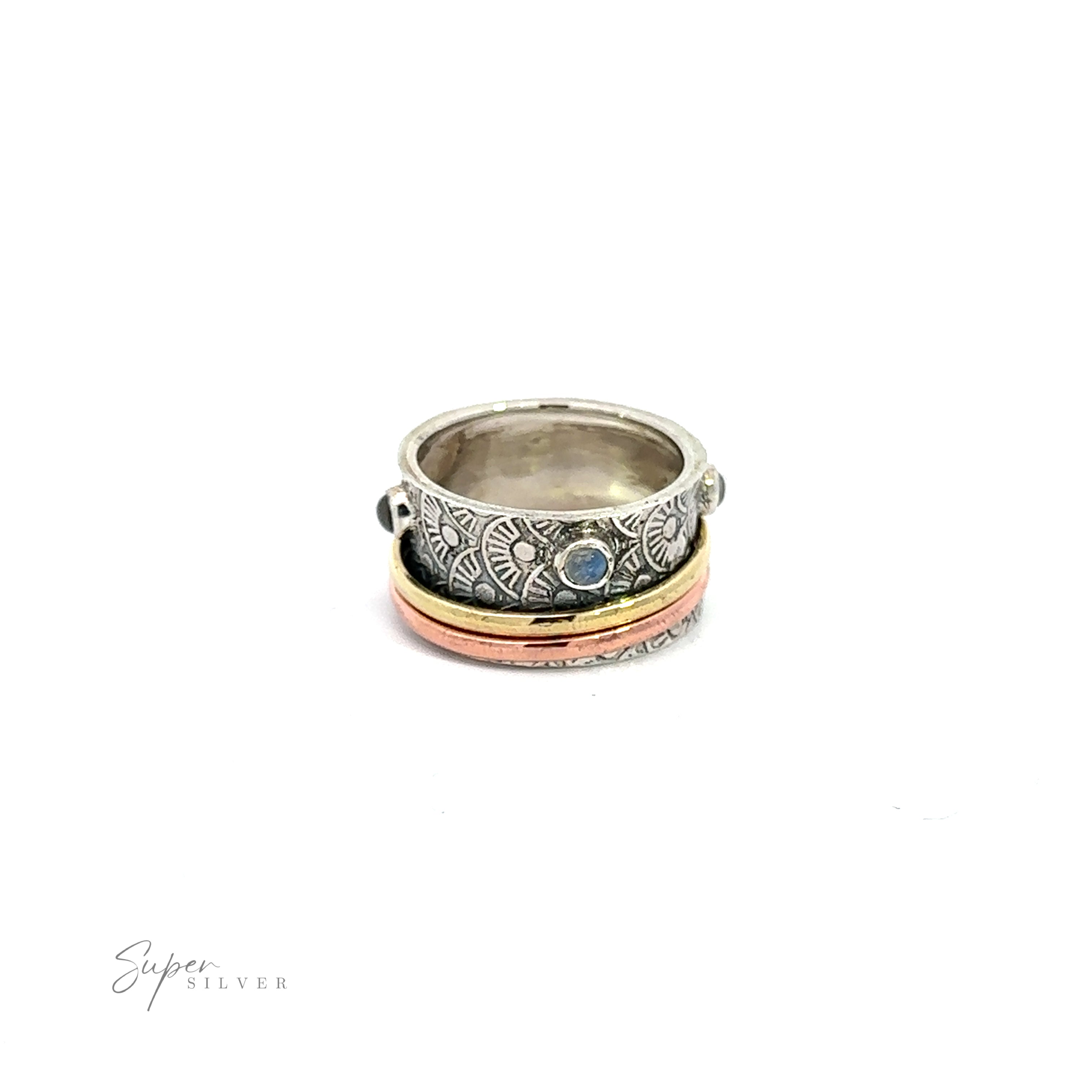 A Handmade Tricolor Spinner Ring with Moonstone Accents .925 Sterling Silver ring with a blue moonstone.