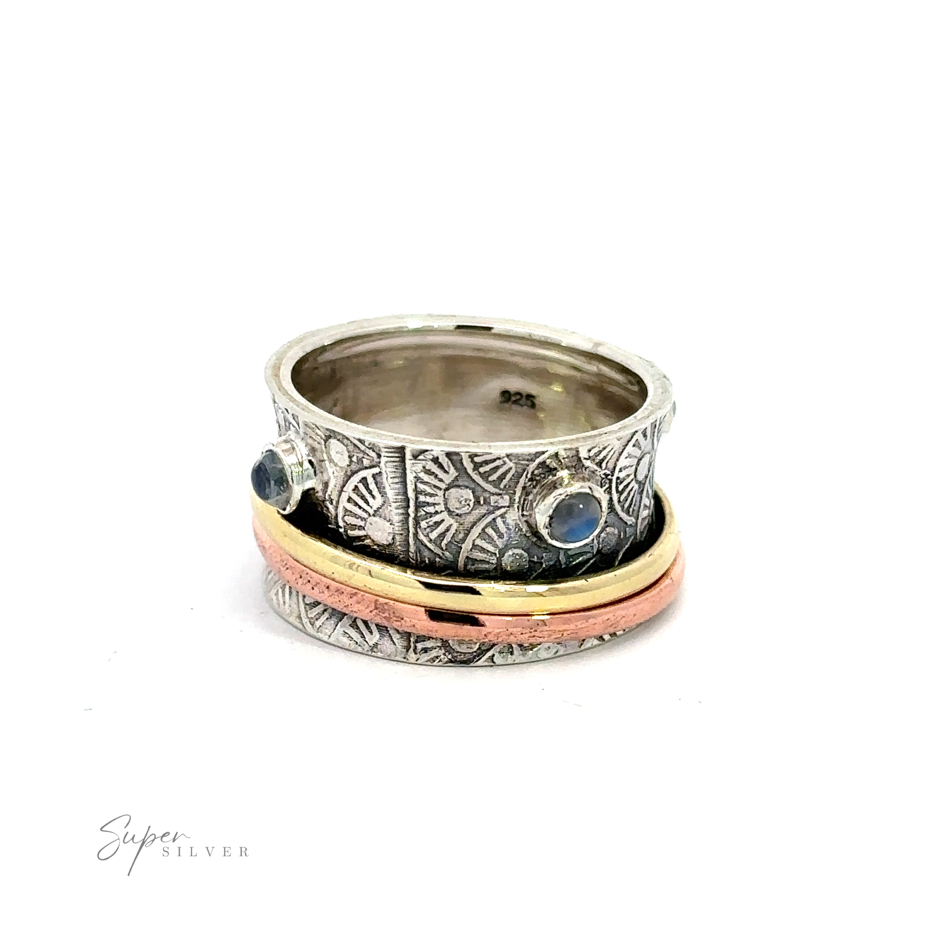 A Handmade Tricolor Spinner Ring with Moonstone Accents with a band of silver and gold, adorned with a beautiful blue topaz.