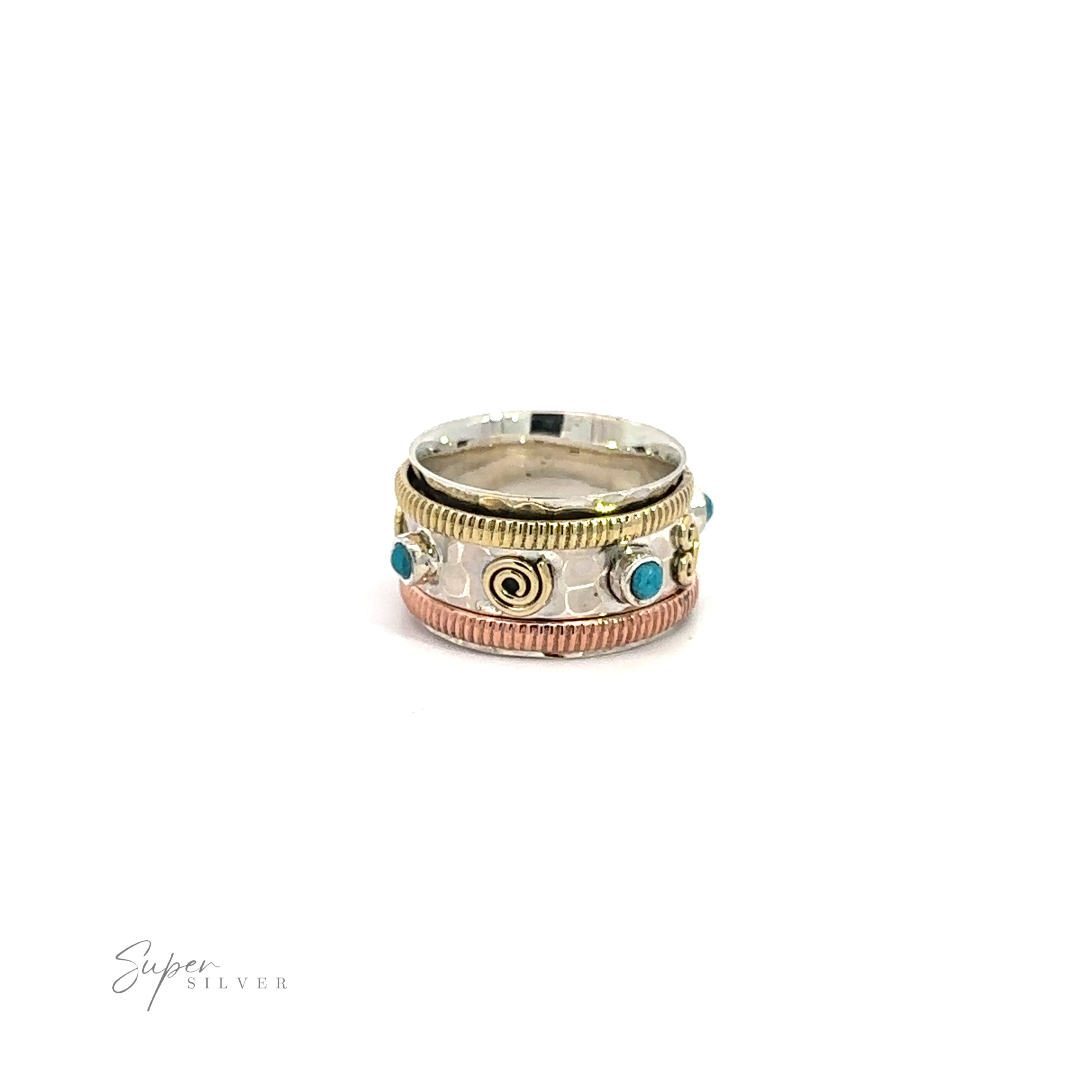 A Handmade Tricolor Turquoise Spinner Ring with turquoise stones and a silver band. The ring features a mixed metal design.