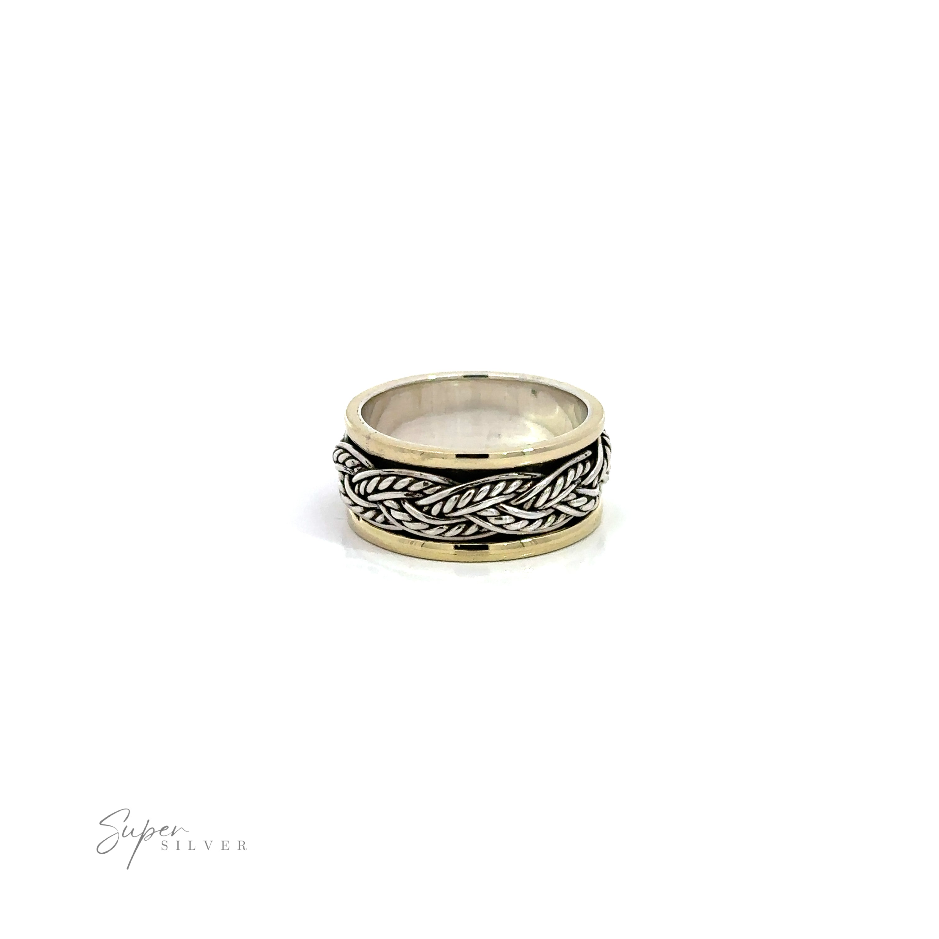 A Handmade Rope Spinner Ring with a spinning silver rope design.