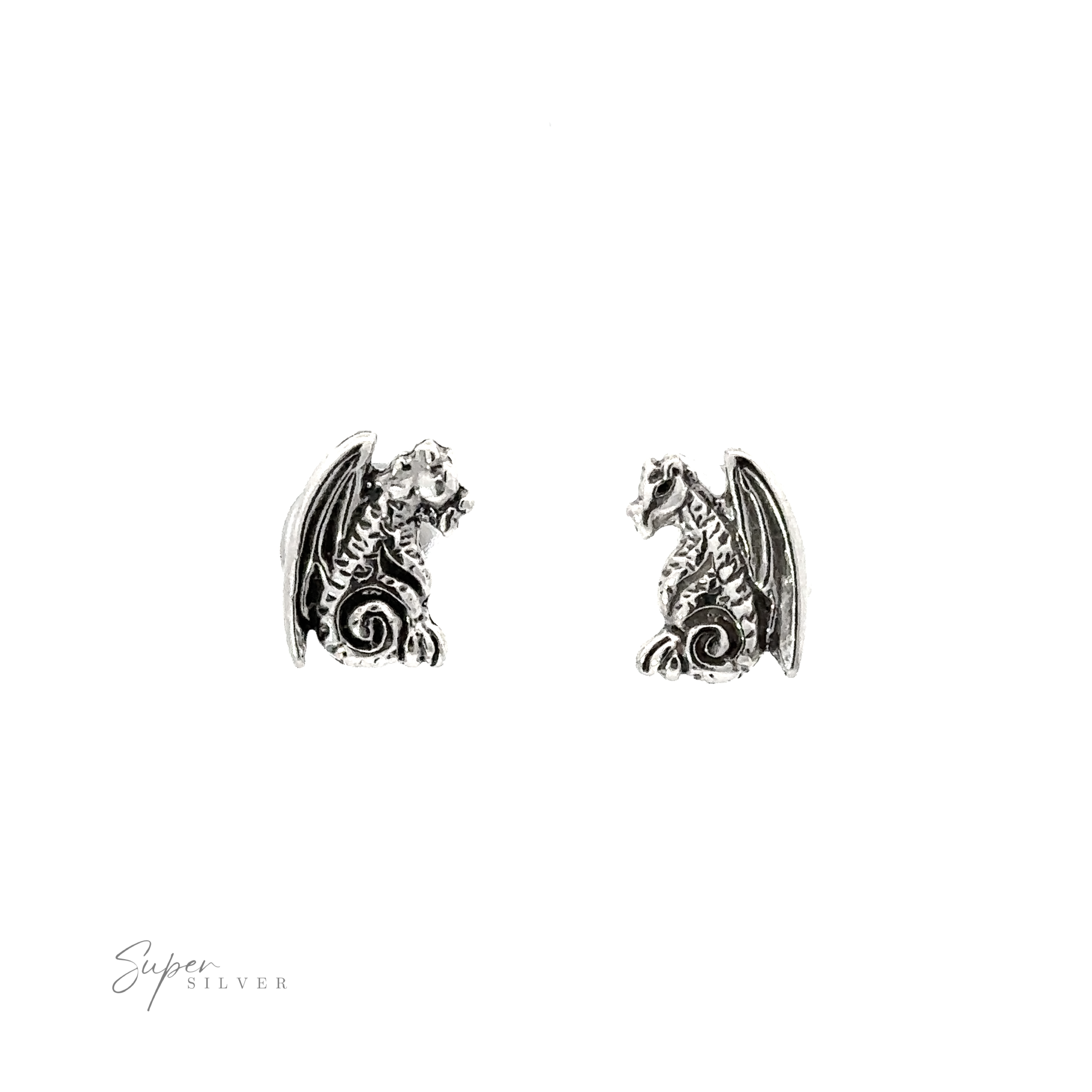 Sterling silver Dragon Studs on a white background.
