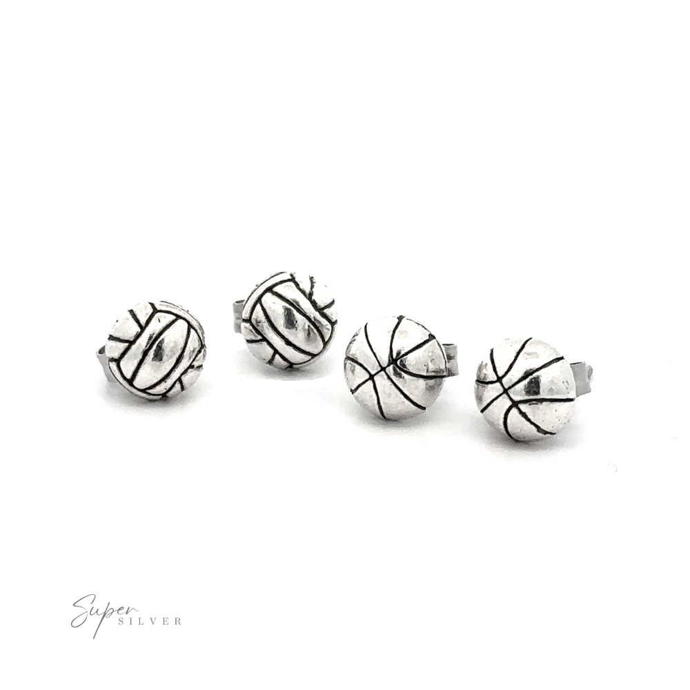 Three silver Sport Balls stud earrings on a white background.