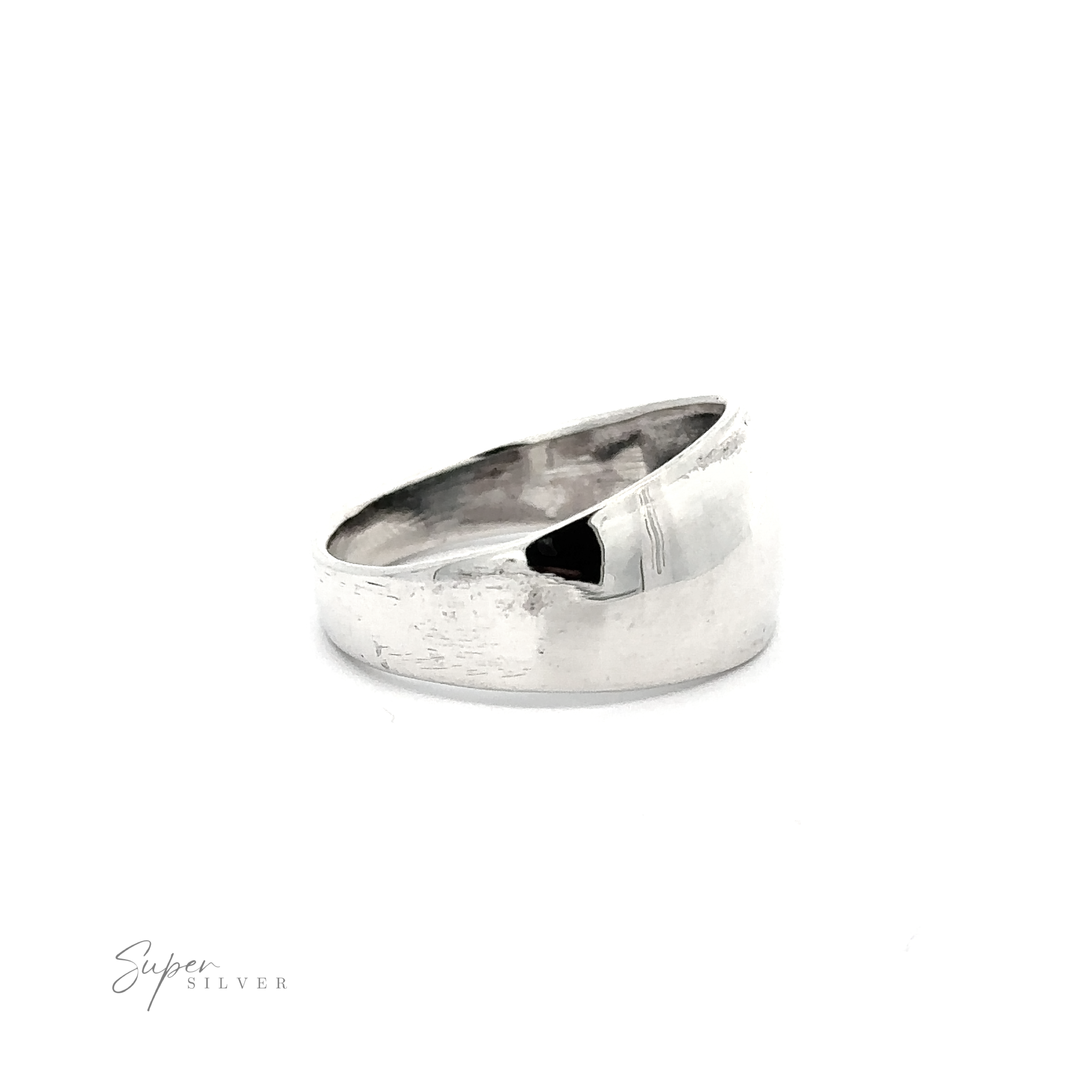 A contemporary silver dome ring on a white background.
