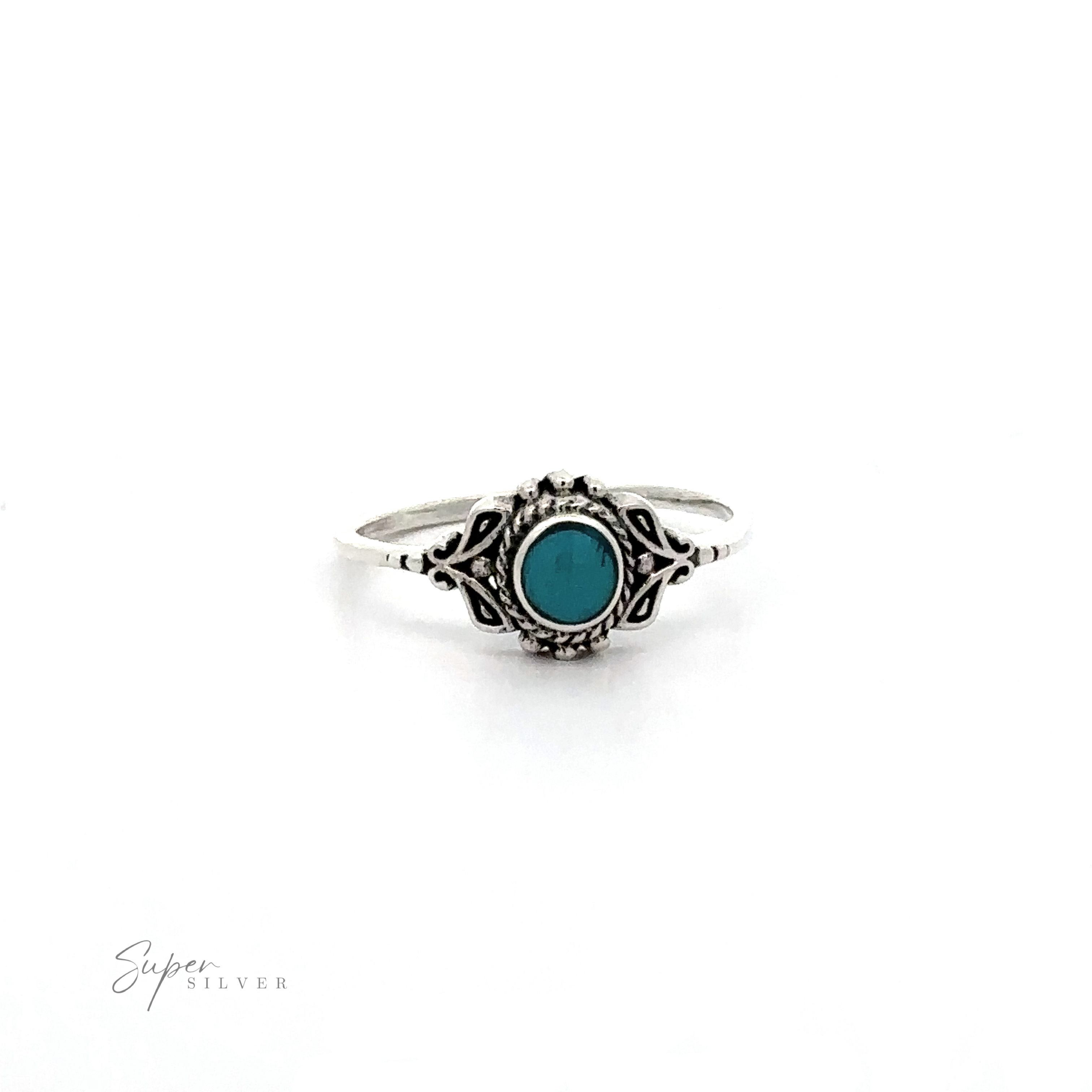 A Dainty Inlaid Stone Ring with Filigree with a turquoise stone.