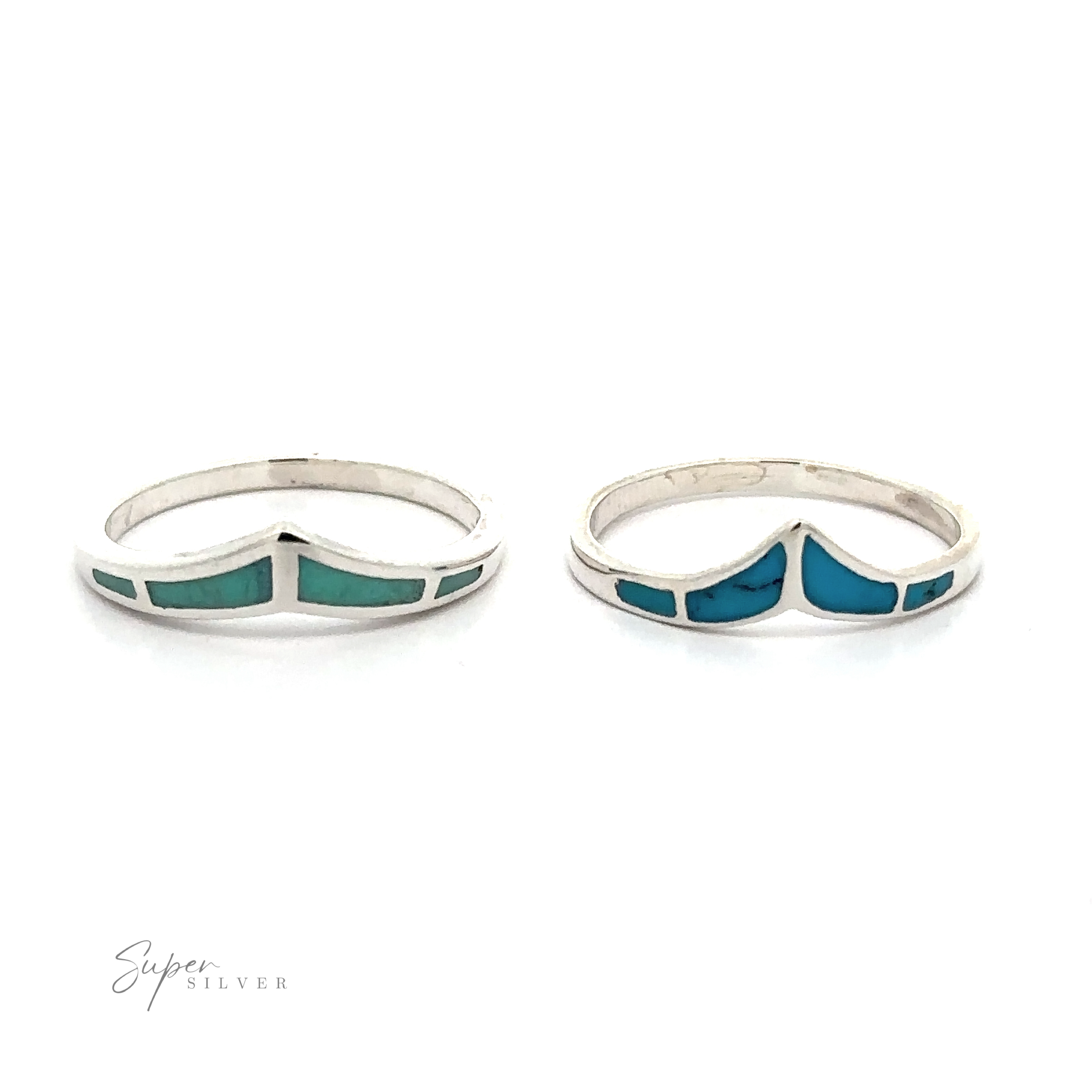 Two Trendy Chevron Rings with turquoise inlays on a white background.