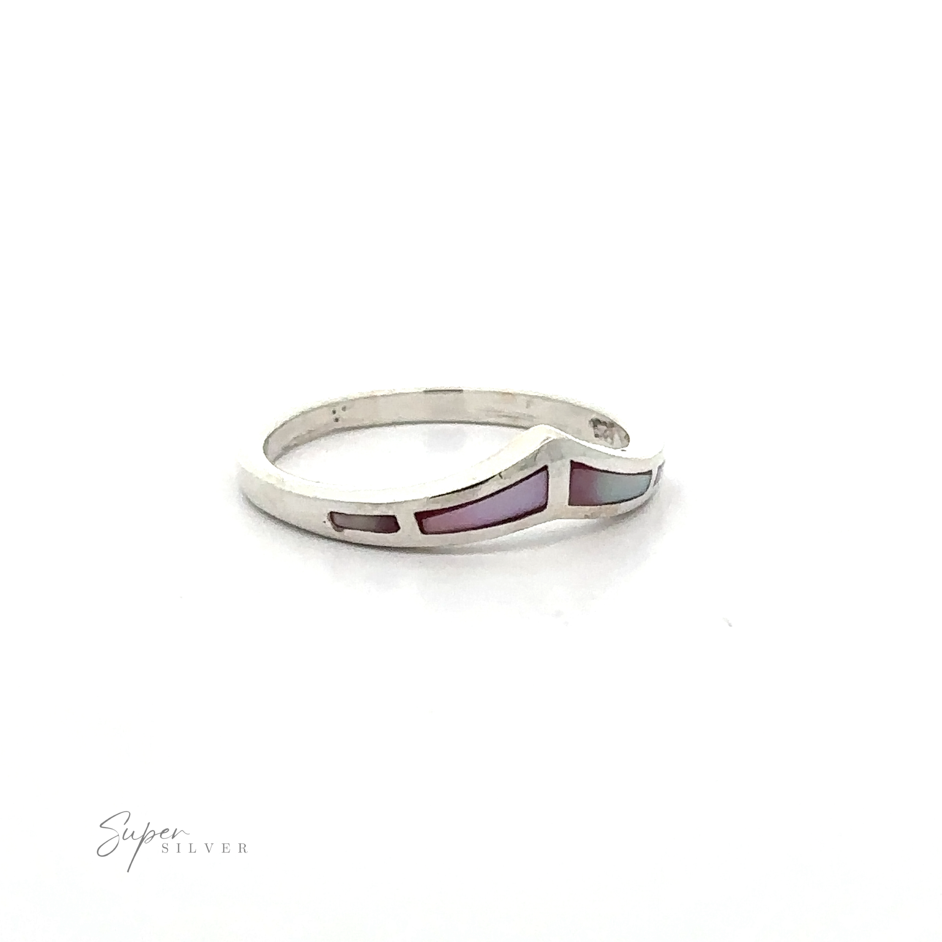 Trendy Chevron Ring With Inlaid Stones: A trendy chevron ring with inlaid stones in silver, pink, and purple.