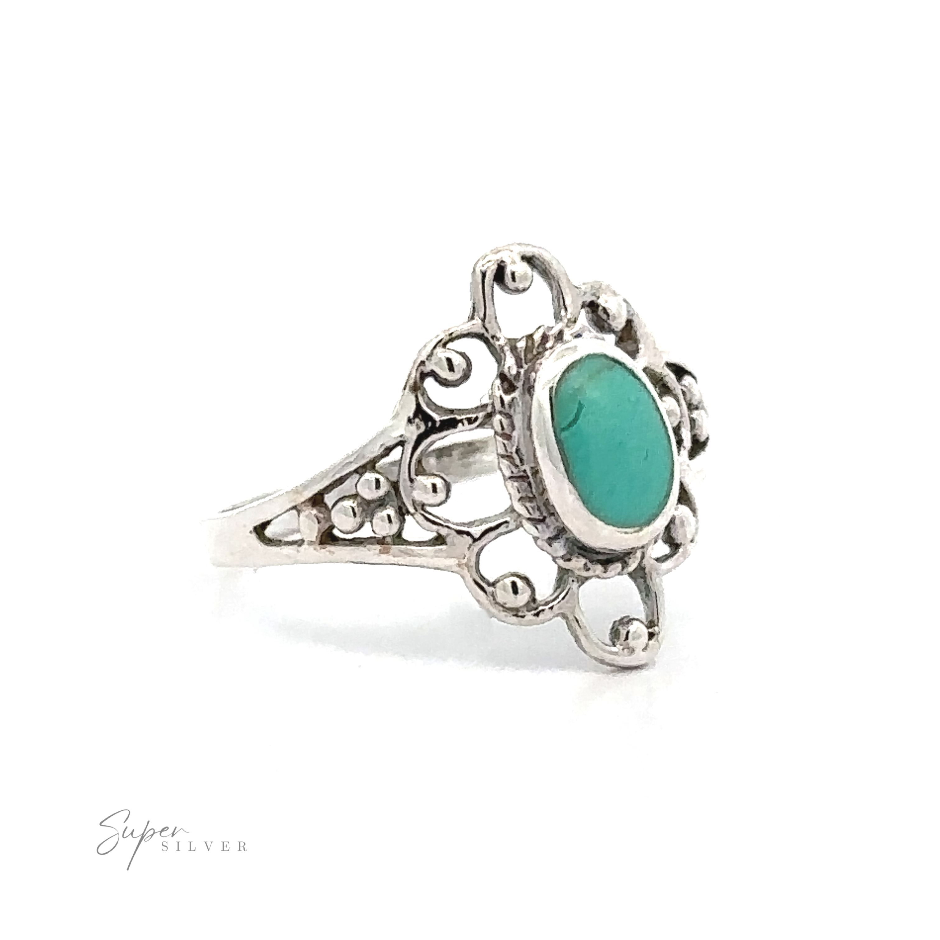 A Vintage-Styled Flower Ring with Inlaid Stones with an inlaid turquoise stone.