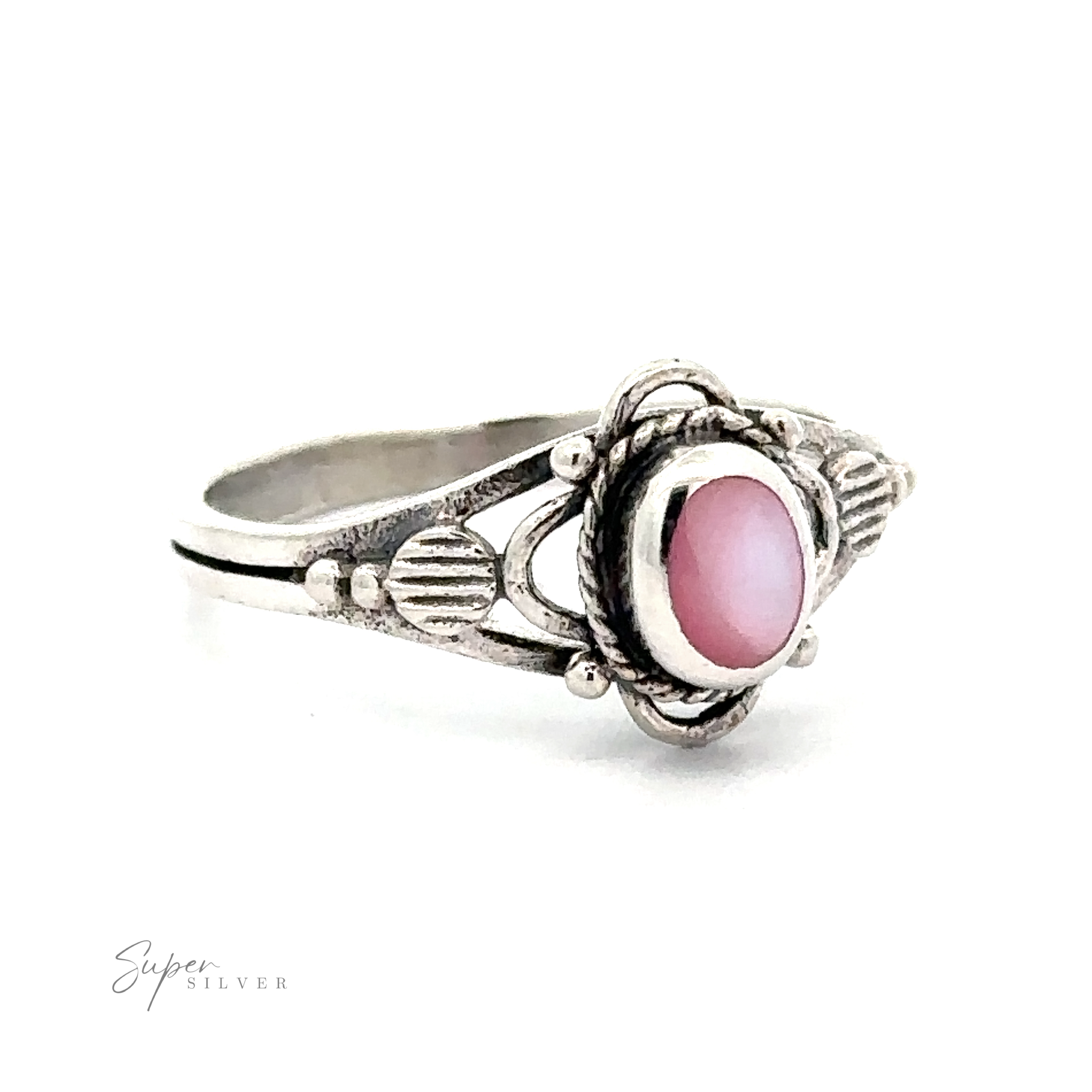 This Fancy Oval Inlay Stone Ring features a pink stone, giving it a vintage touch.