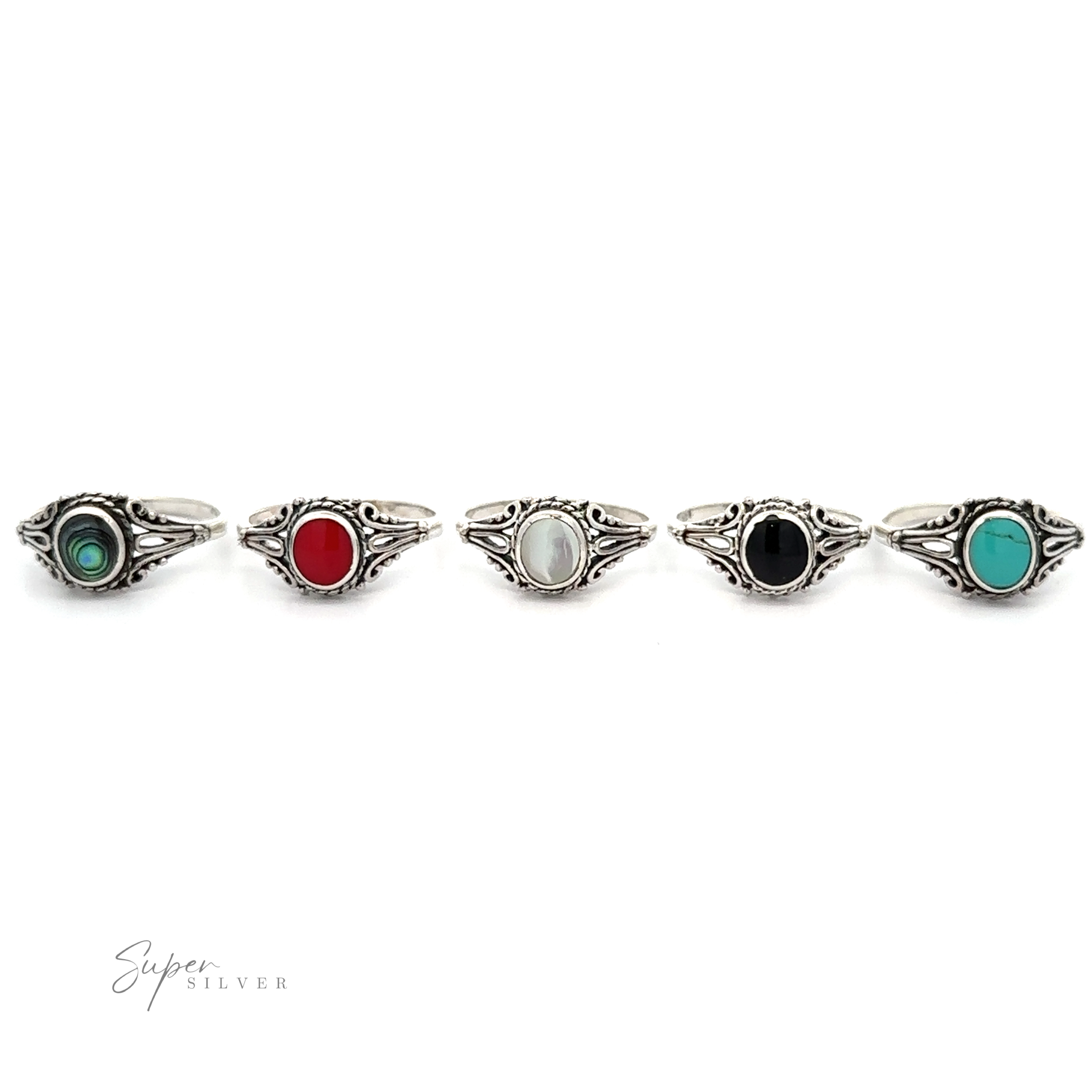 A set of Inlay Stone Rings with Twist Settings.