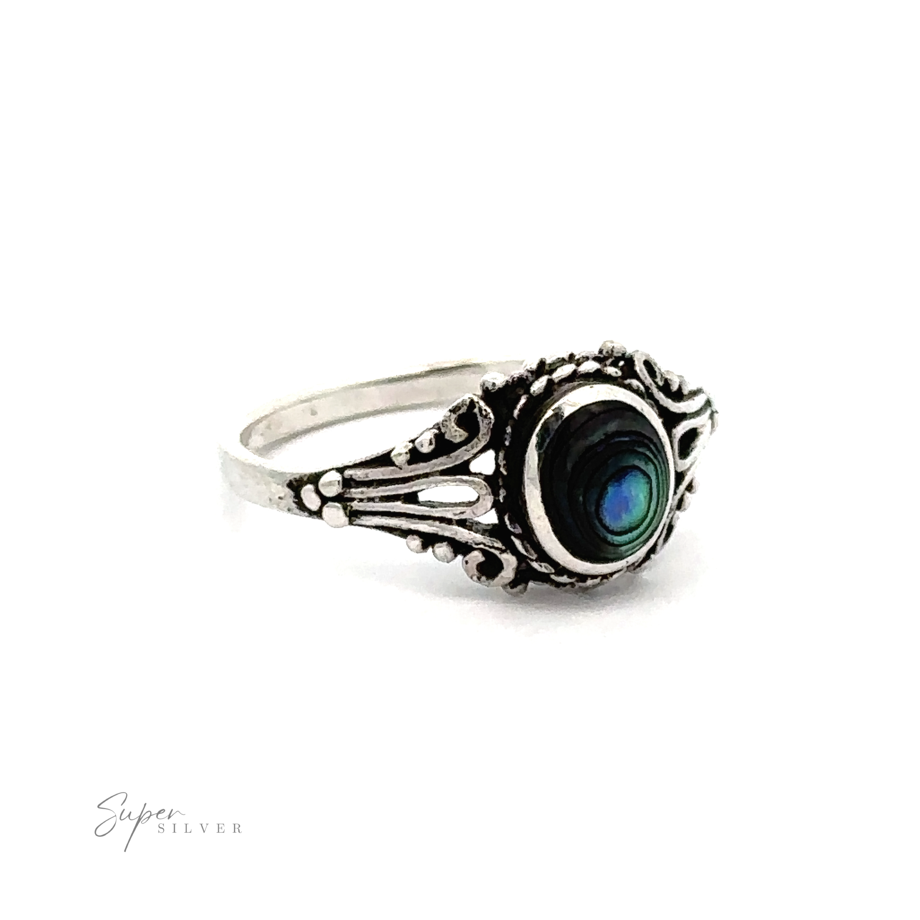 This sterling silver ring features an oval abalone stone.
Replacement: This Inlay Stone Ring with Twist Setting features an oval abalone stone.