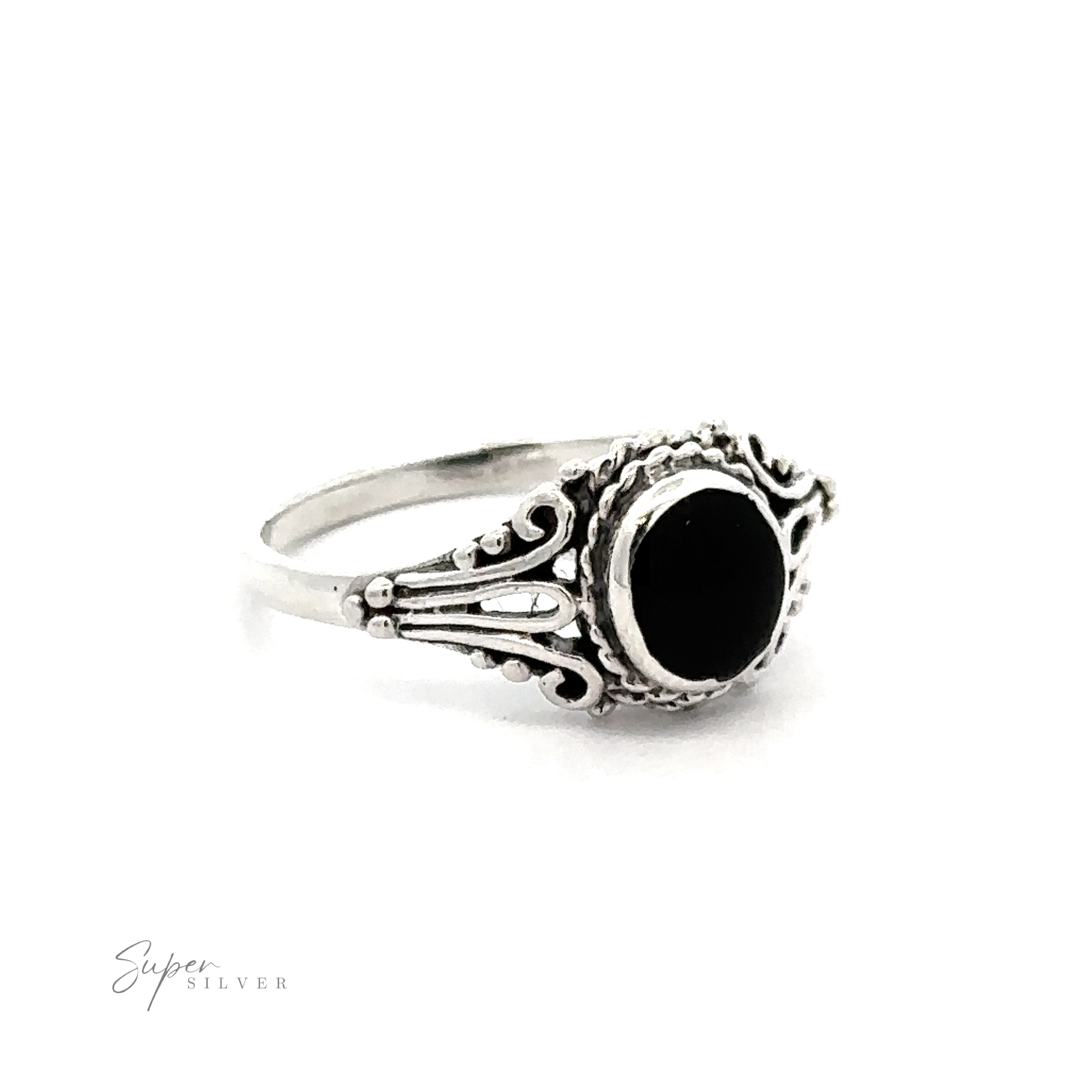 An ornate Inlay Stone Ring with Twist Setting with an oval black stone inlay.