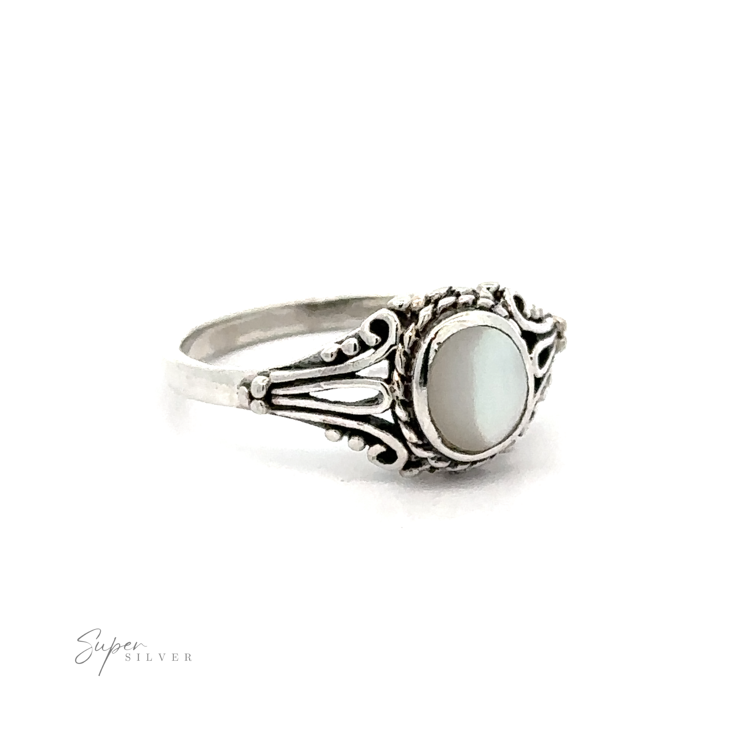 An intricate sterling silver Inlay Stone Ring with Twist Setting.