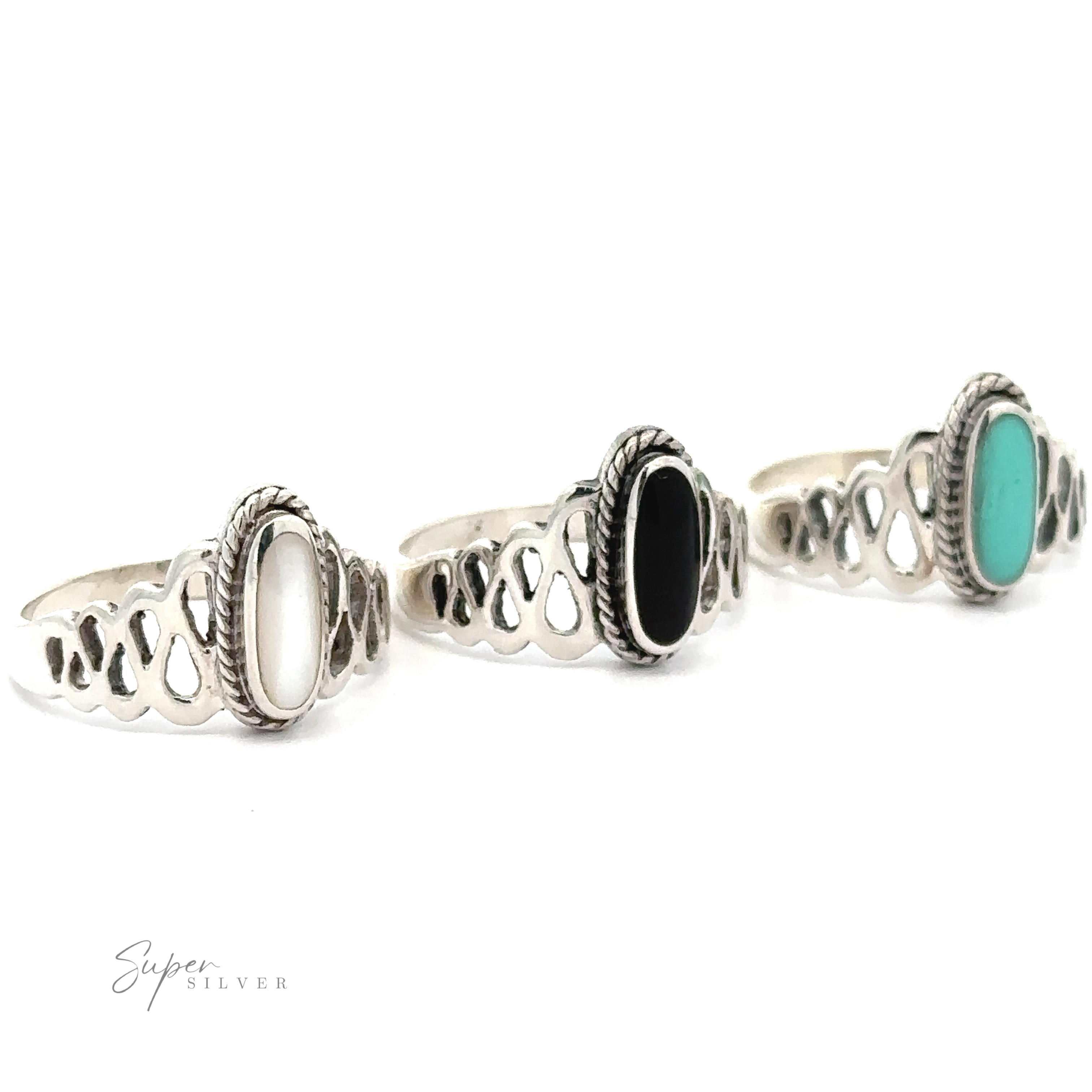 Three Oval Inlaid Stone Rings With Wavy Squiggle Design, each carrying a unique charm with inlaid stones.