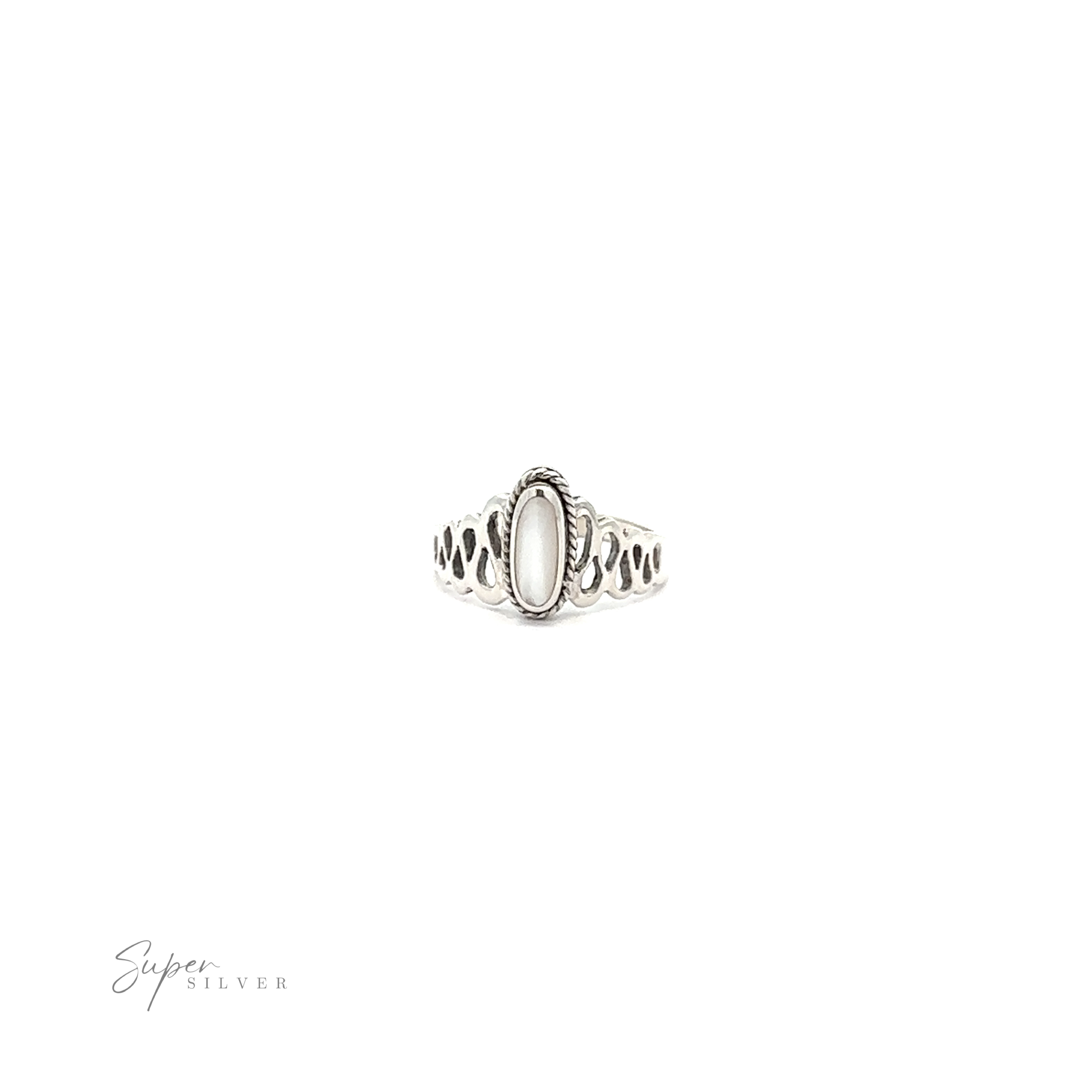 A Oval Inlaid Stone Ring With Wavy Squiggle Design with a unique charm on a white background.