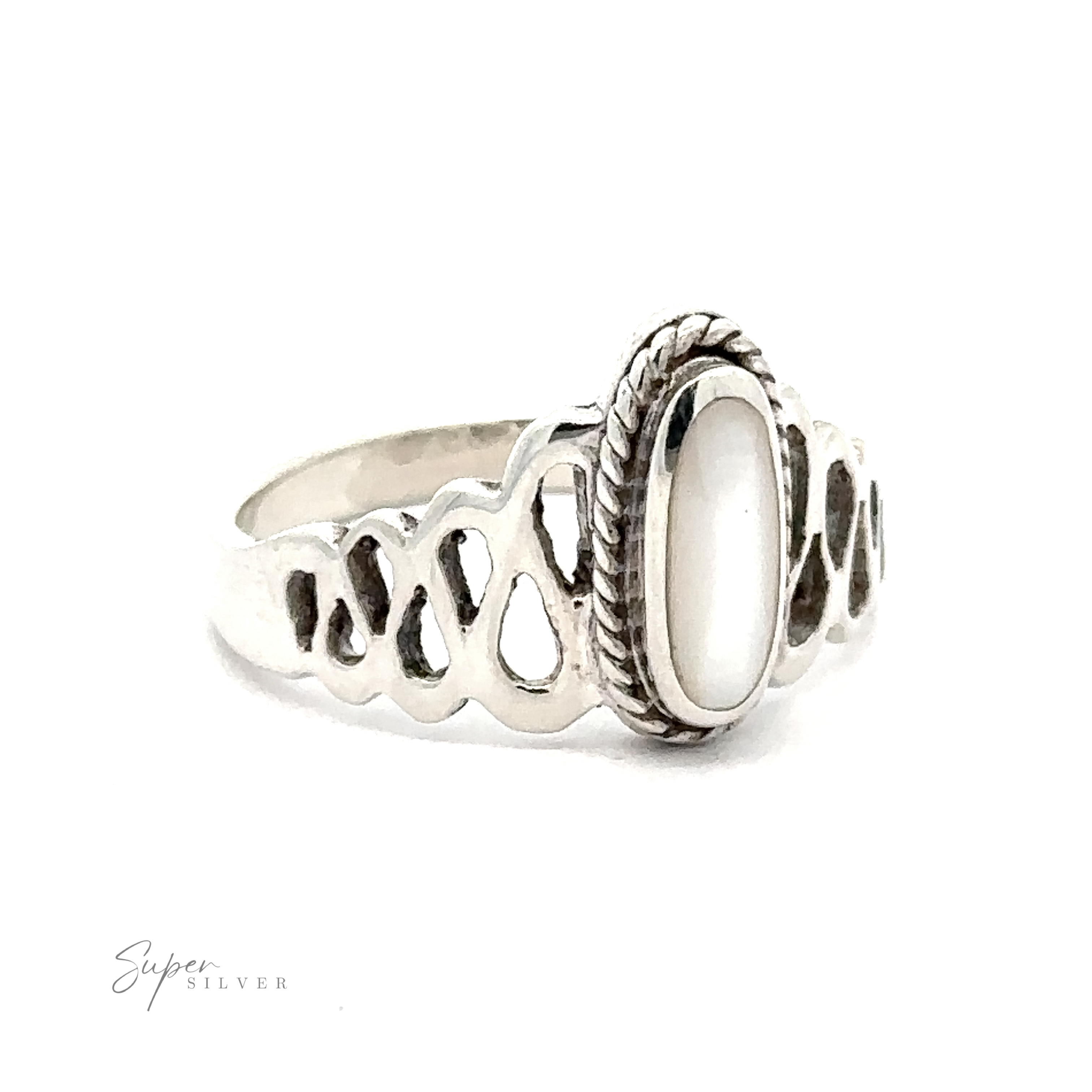 A Oval Inlaid Stone Ring With Wavy Squiggle Design with inlaid white mother of pearl, giving it a unique charm.