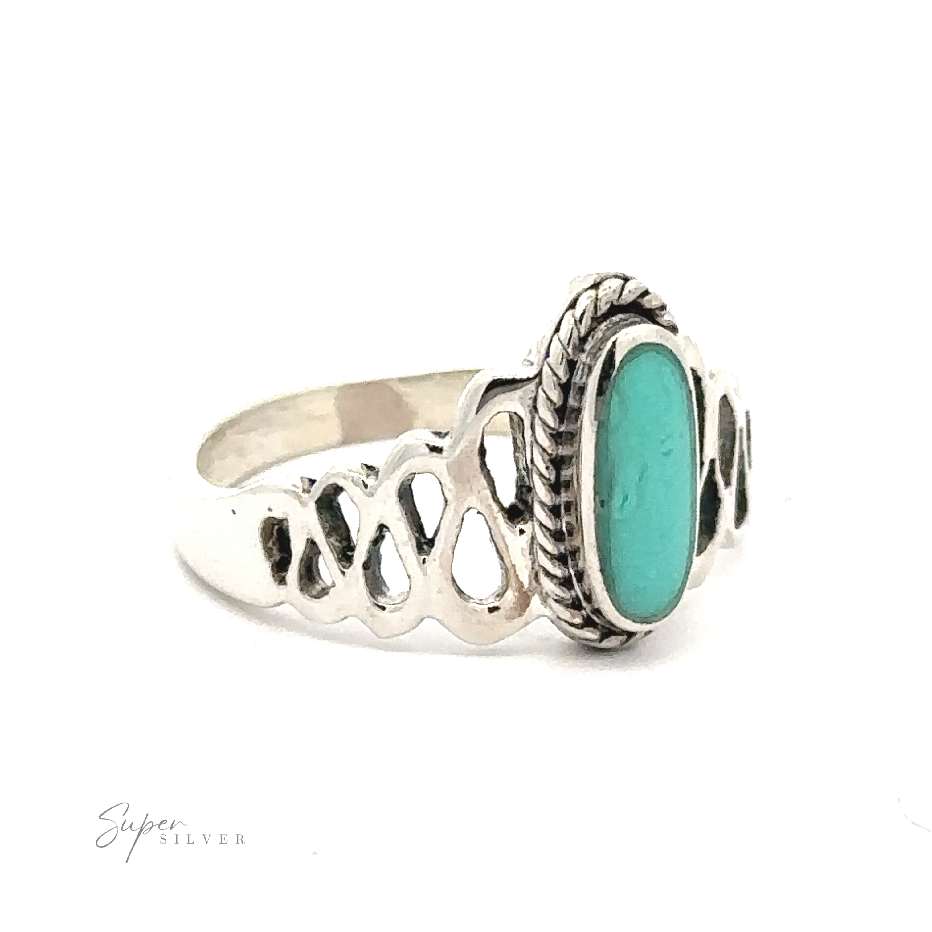 This Oval Inlaid Stone Ring With Wavy Squiggle Design features a turquoise stone.