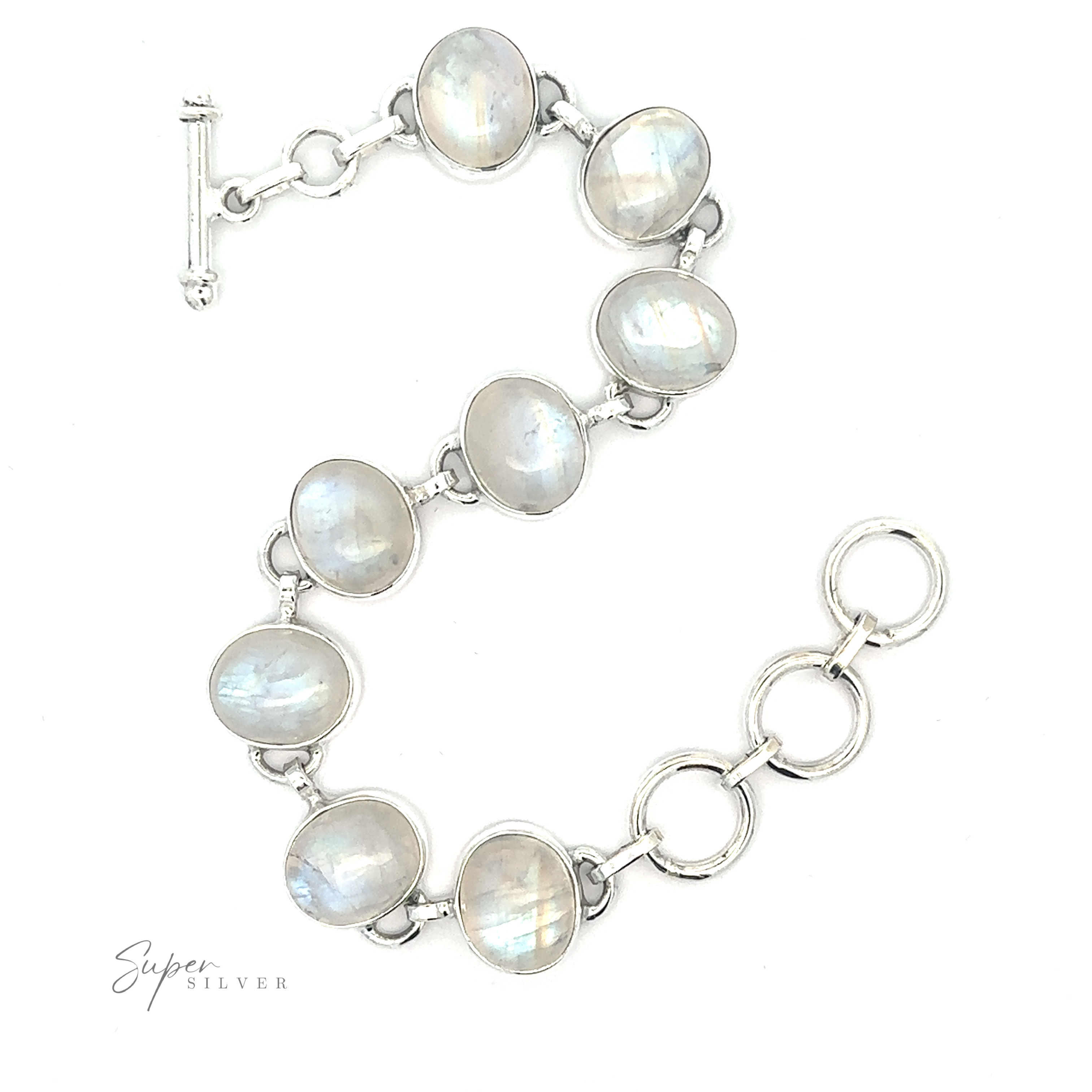 Statement Oval Moonstone Gemstone Bracelet featuring oval moonstone gems linked by circular silver chains, shown on a white background.