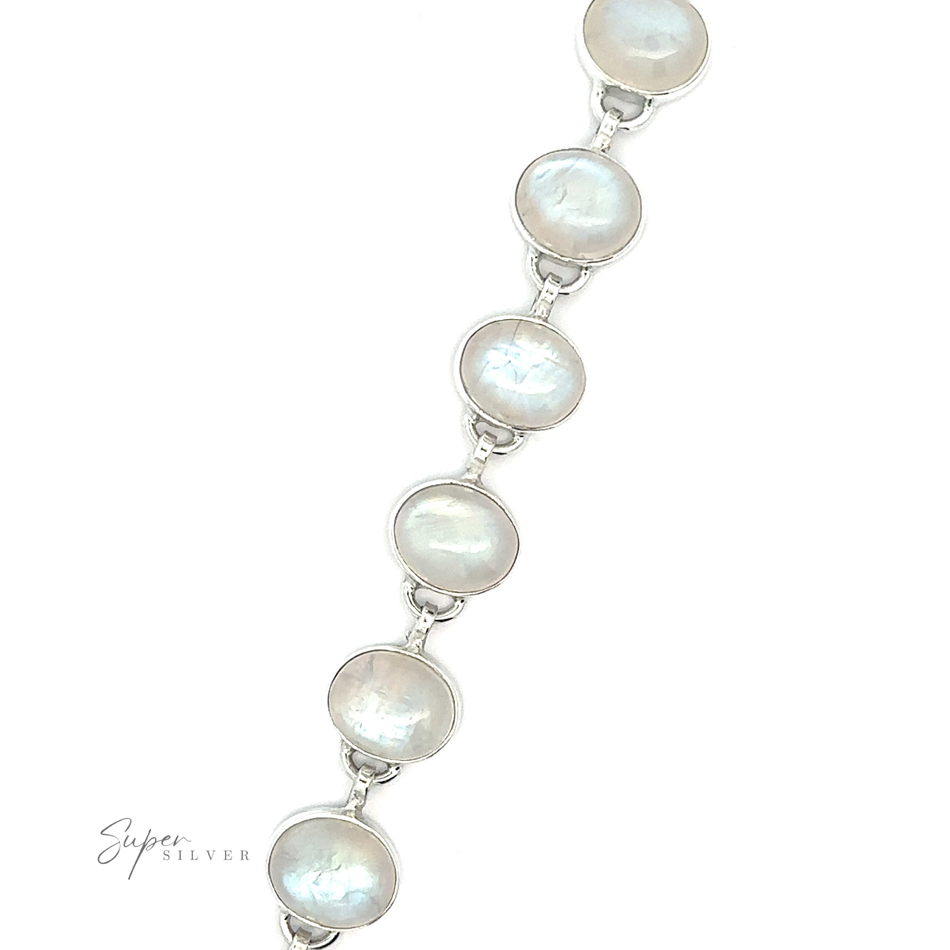 Statement Oval Gemstone Bracelets with round, labradorite gemstones linked together, isolated on a white background with "super silver" signature at the bottom.