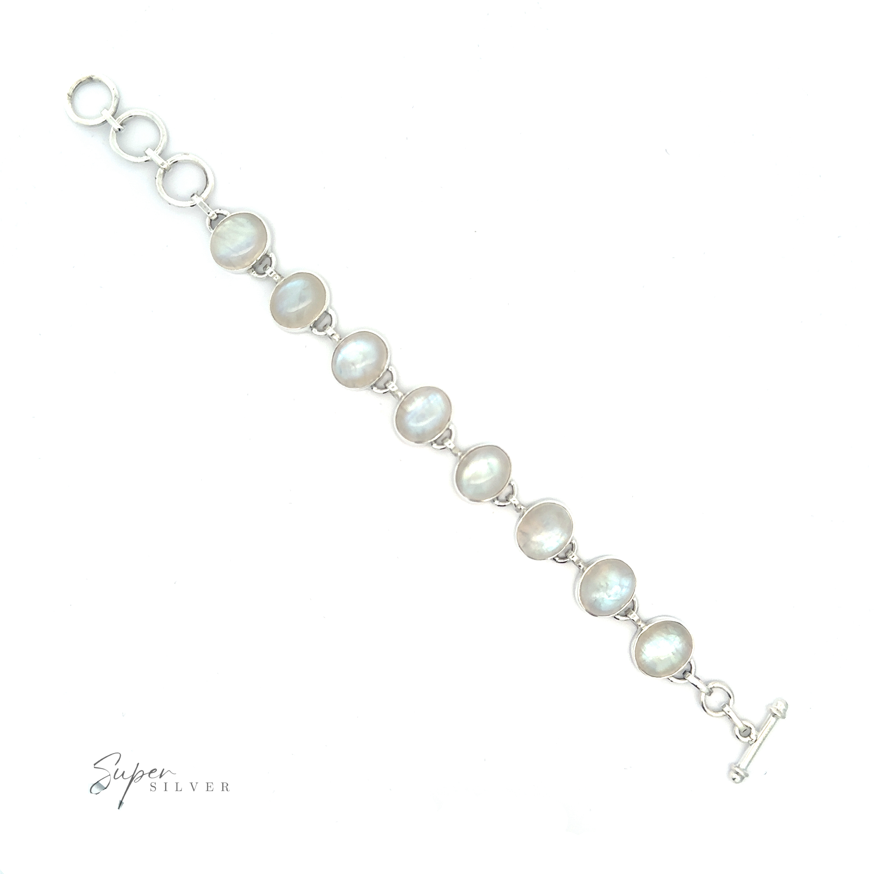 Statement Oval Gemstone Bracelets featuring oval moonstones set in a simple link design, with a toggle clasp, on a white background, described as a moonstone bracelet.