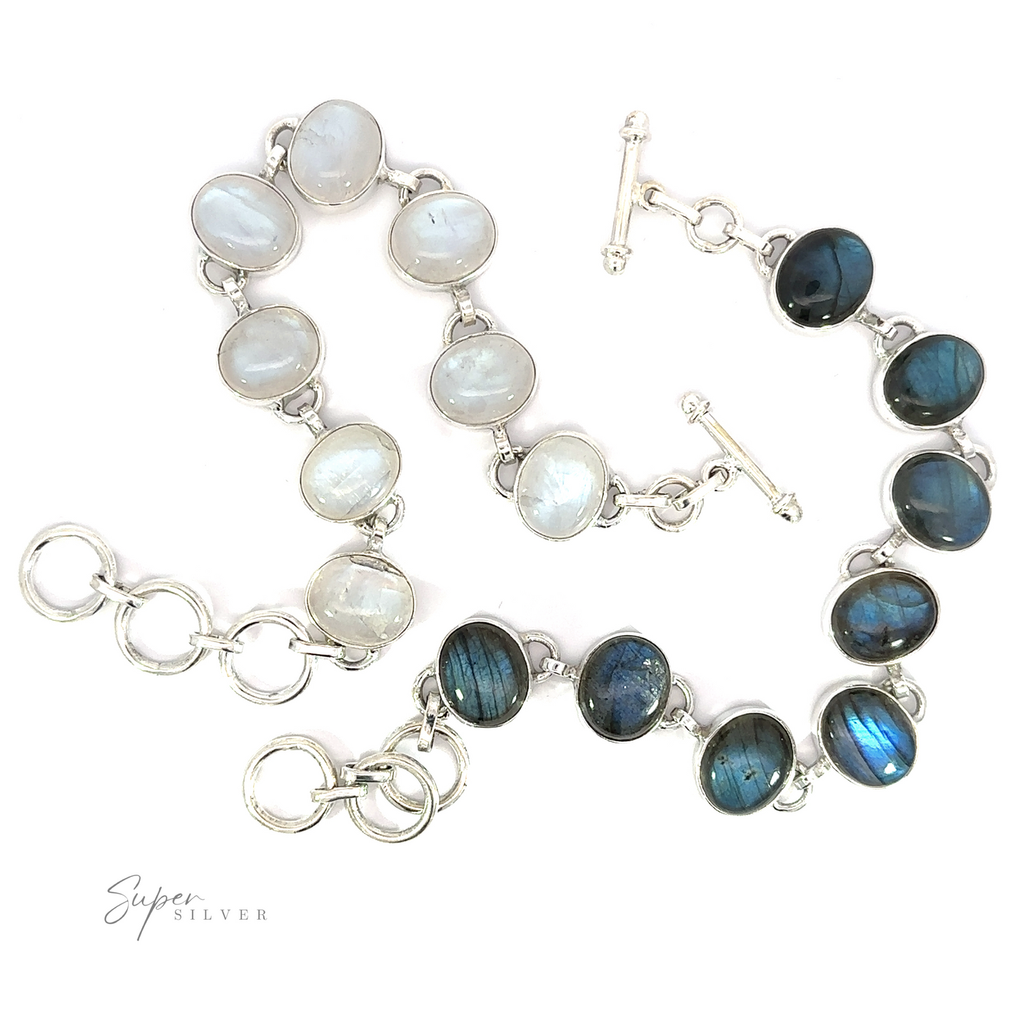 Two Statement Oval Gemstone Bracelets with oval moonstone and labradorite set in silver, displayed on a white background.