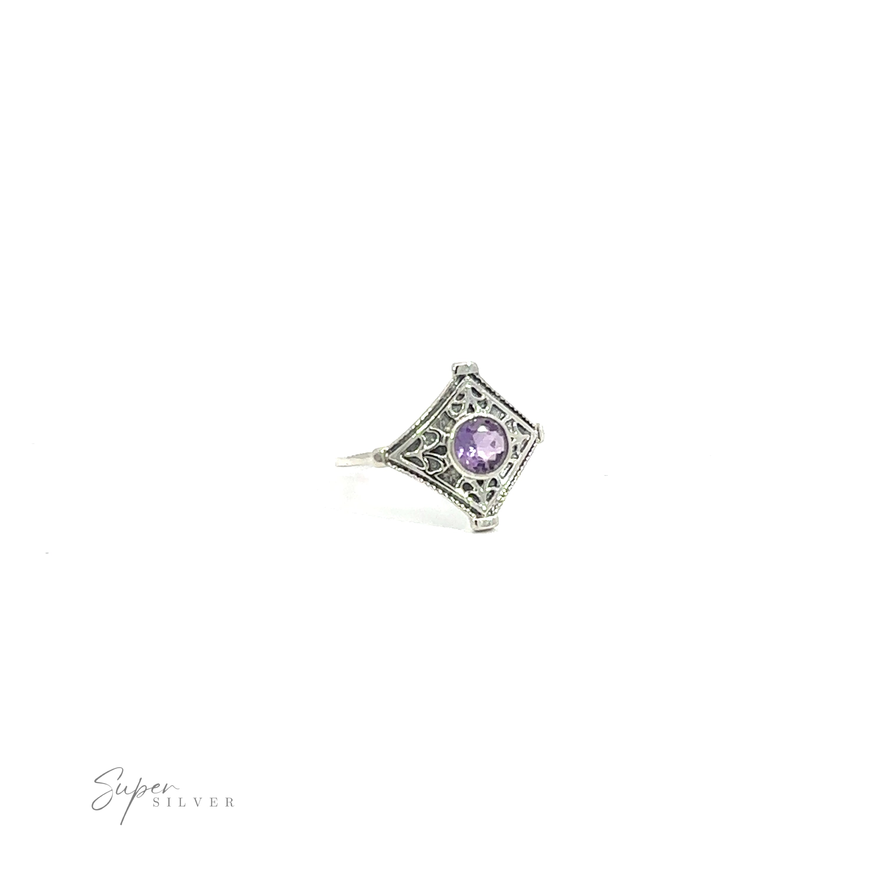 Intricate Diamond Silver Ring with a Round Gemstone featuring a central purple gemstone, displayed on a white background with ".925 Sterling Silver" signature in the corner.