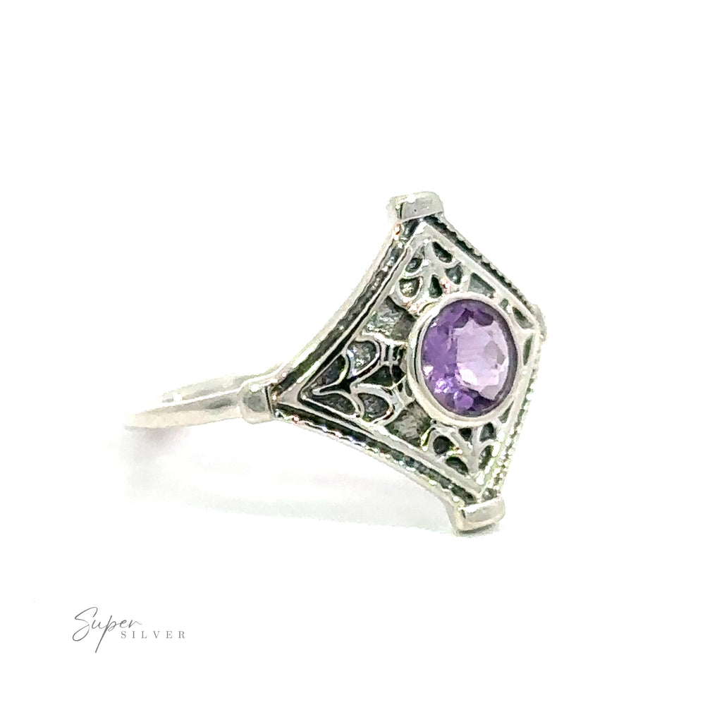 
                  
                    Intricate Diamond Silver Ring with a Round Gemstone crafted from .925 Sterling Silver, displayed against a white background.
                  
                